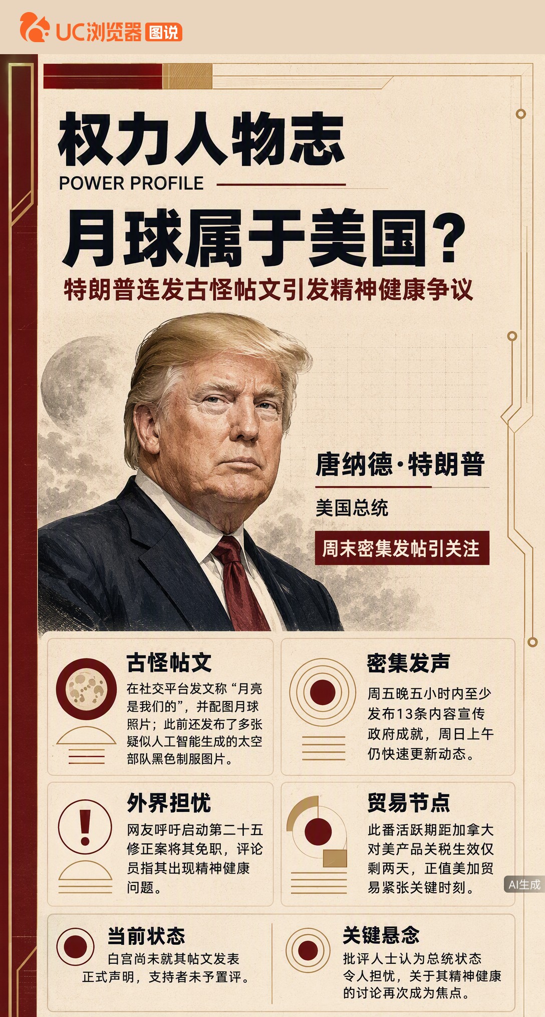 特朗普周日连发古怪帖文：晒月球照片宣称“月亮是我们的”，还发了疑似AI生成的太空部队制服图。距加拿大