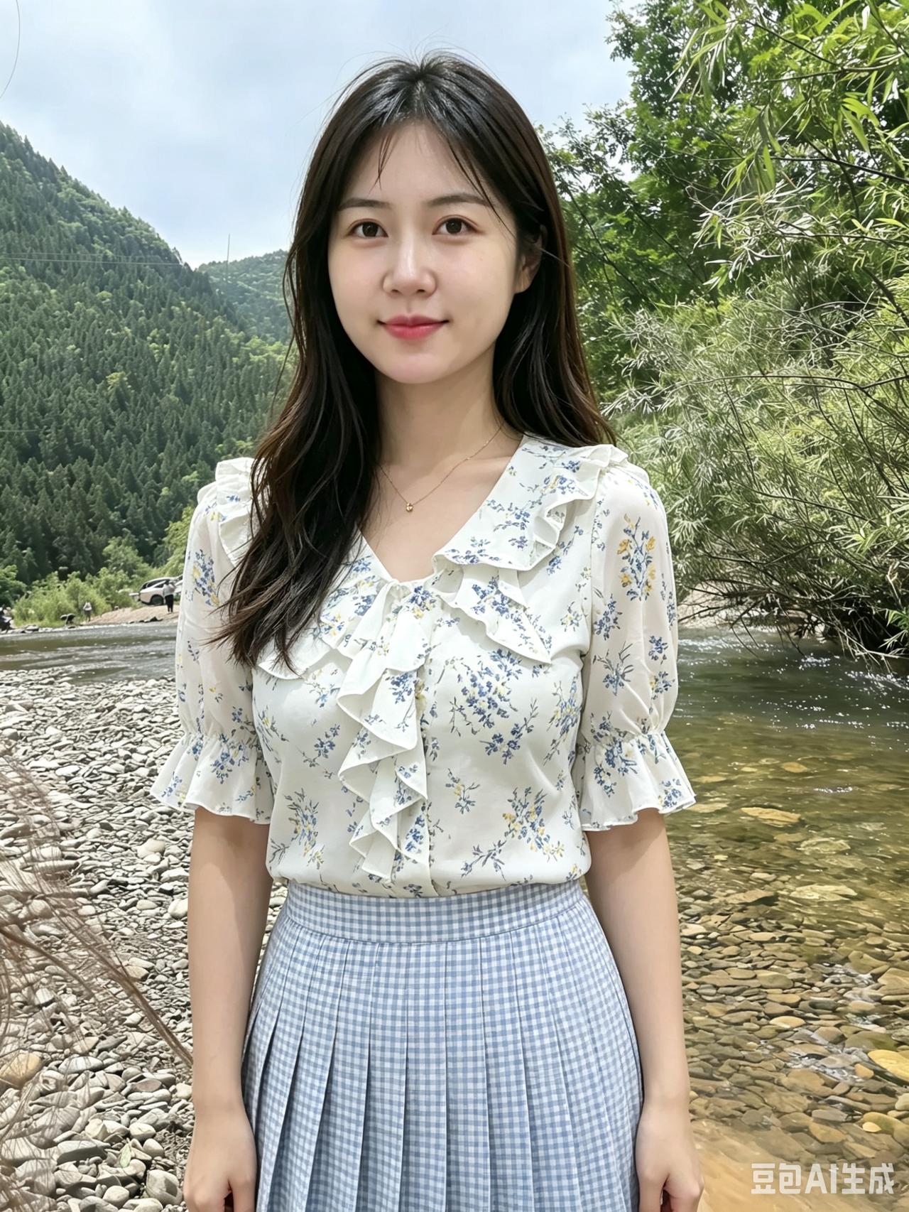 碎花落在白衬衫上像春天偷偷写下的小字蓝格裙轻轻垂落接住山野漫来的风～