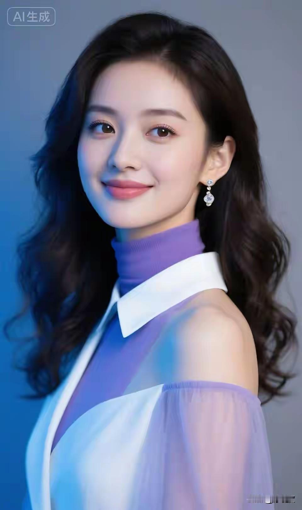 出水芙蓉，闭月羞花现代美人，紫色高领露肩纱衣，优雅气质千娇百媚，一笑倾城。