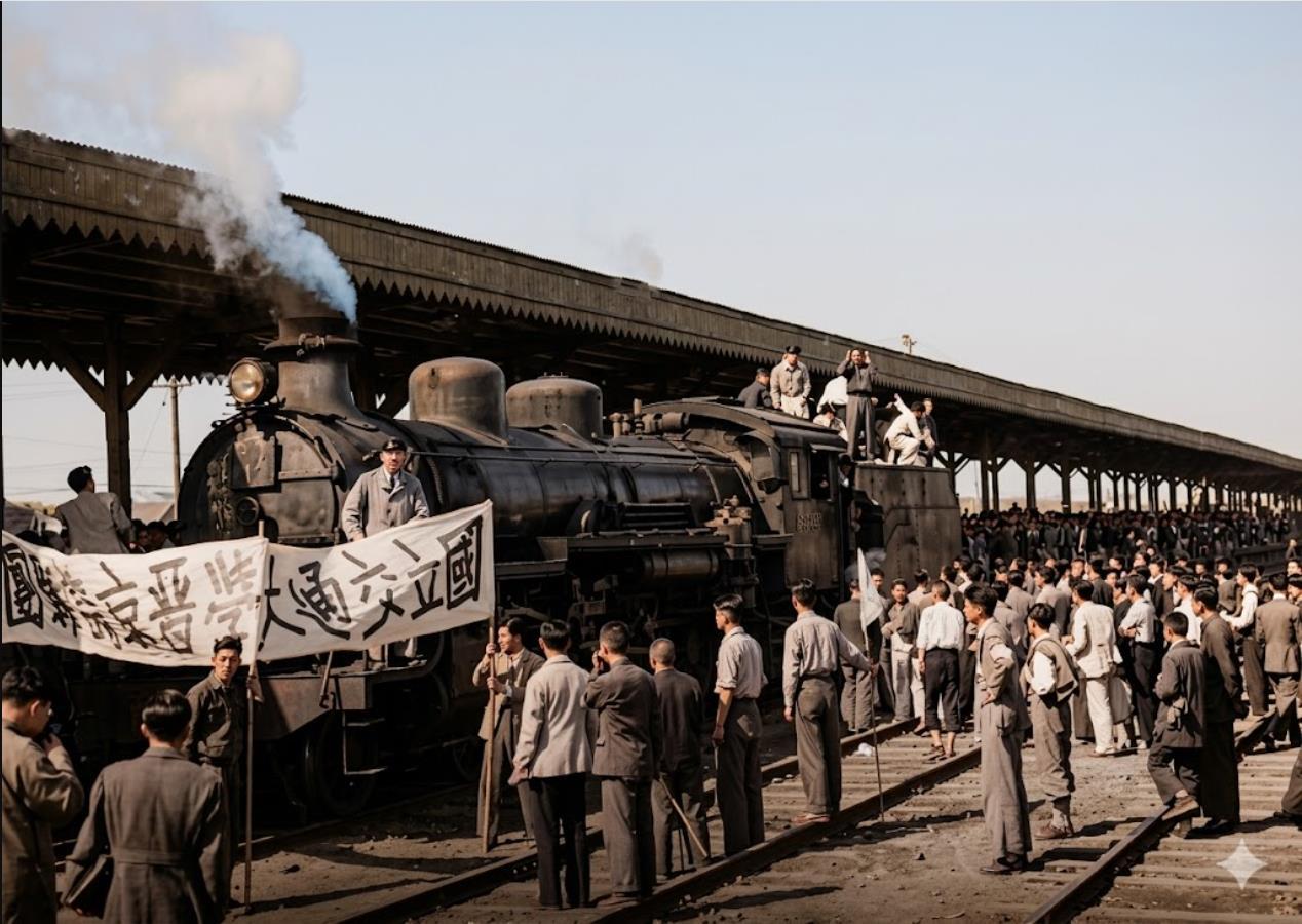 1947年，震惊全国的上海交大护校运动现场影像，停靠在北站的蒸汽机车前，学生高举
