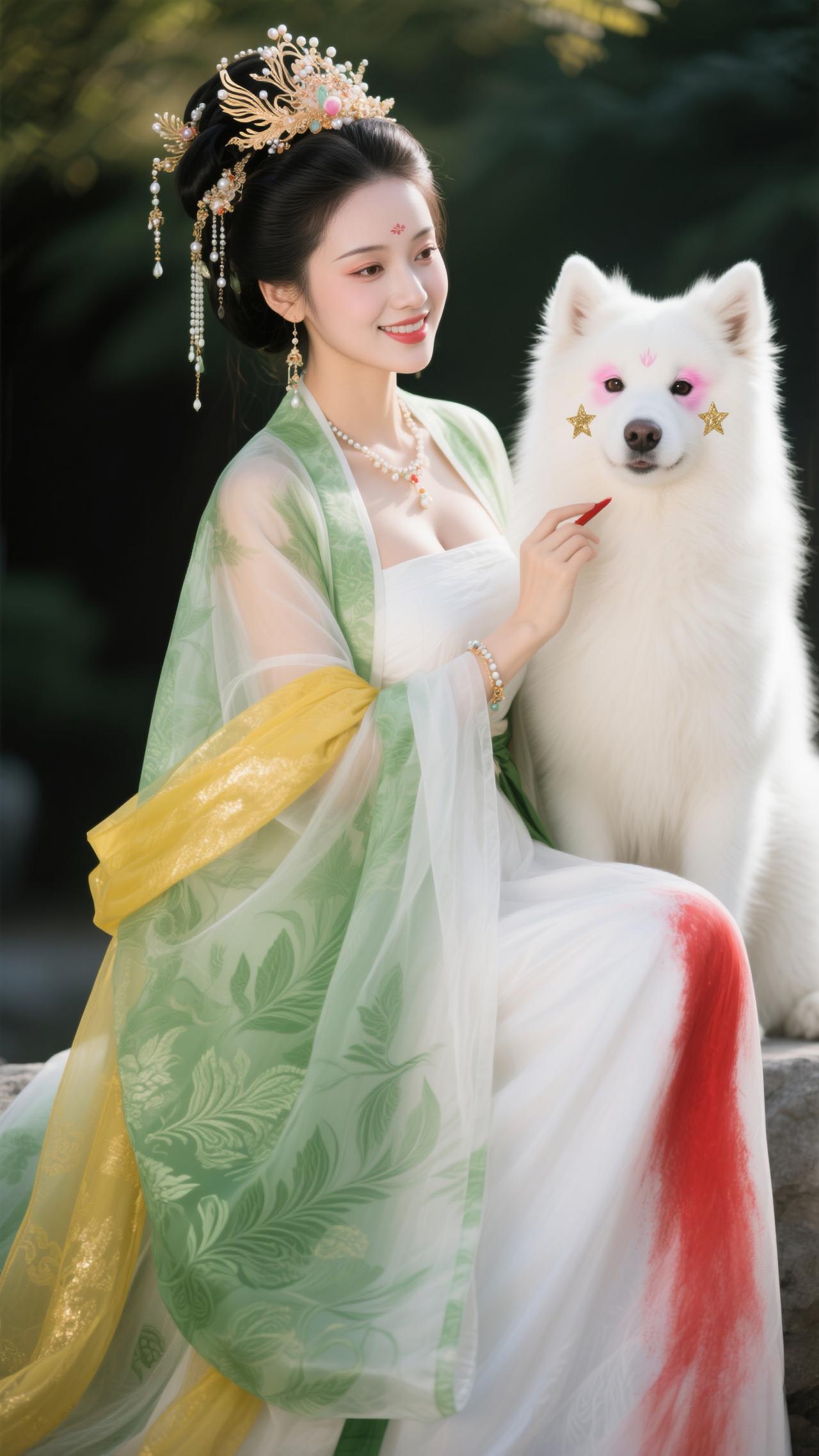 《采桑子·芳阶戏犬》绿衫黄带临风舞，金钿凝光。笑绘毛郎，点染霜毫惹犬忙。