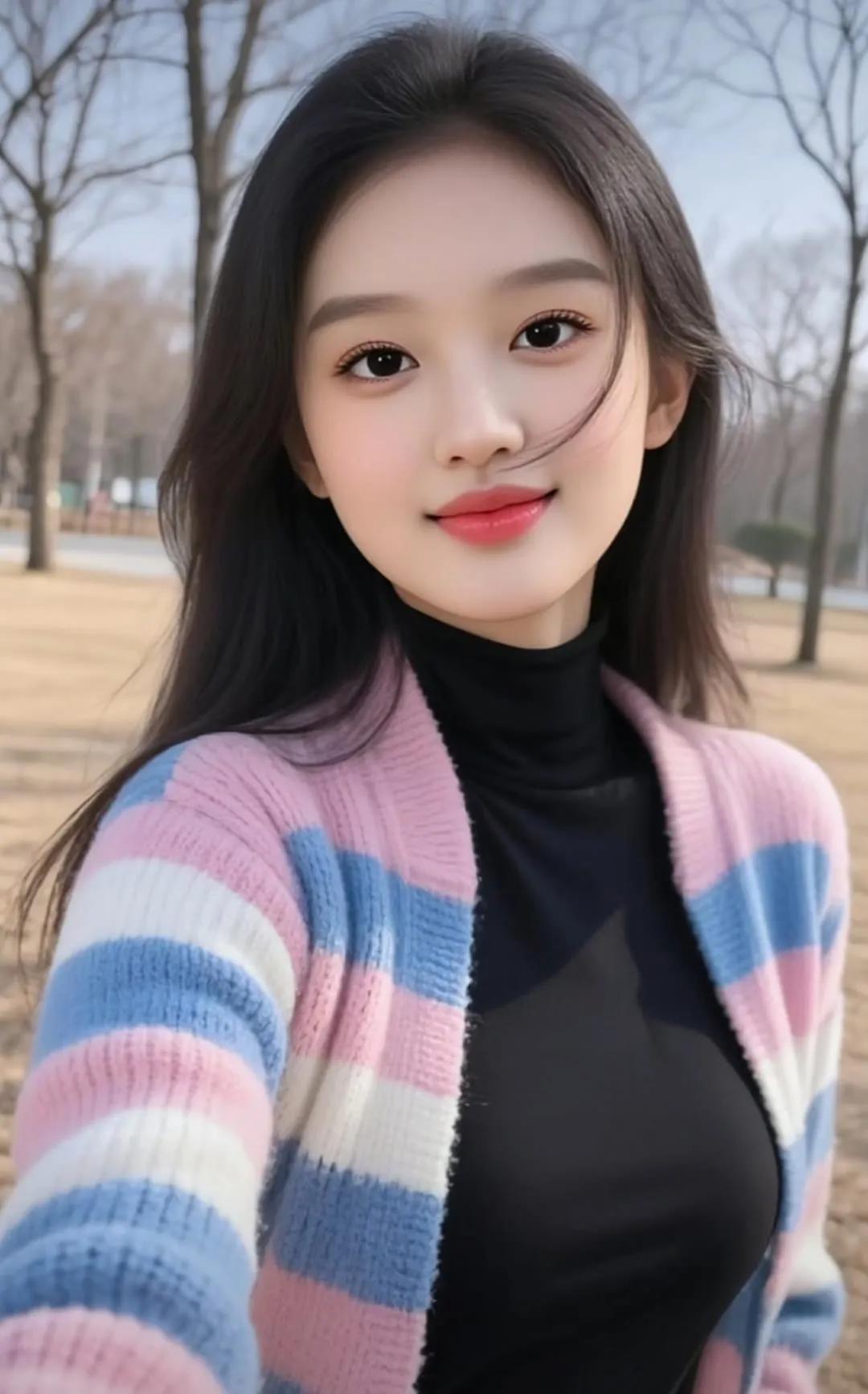 温柔冬日穿搭，粉色毛衣与黑色高领的完美结合，温暖又时尚！街拍高清美女