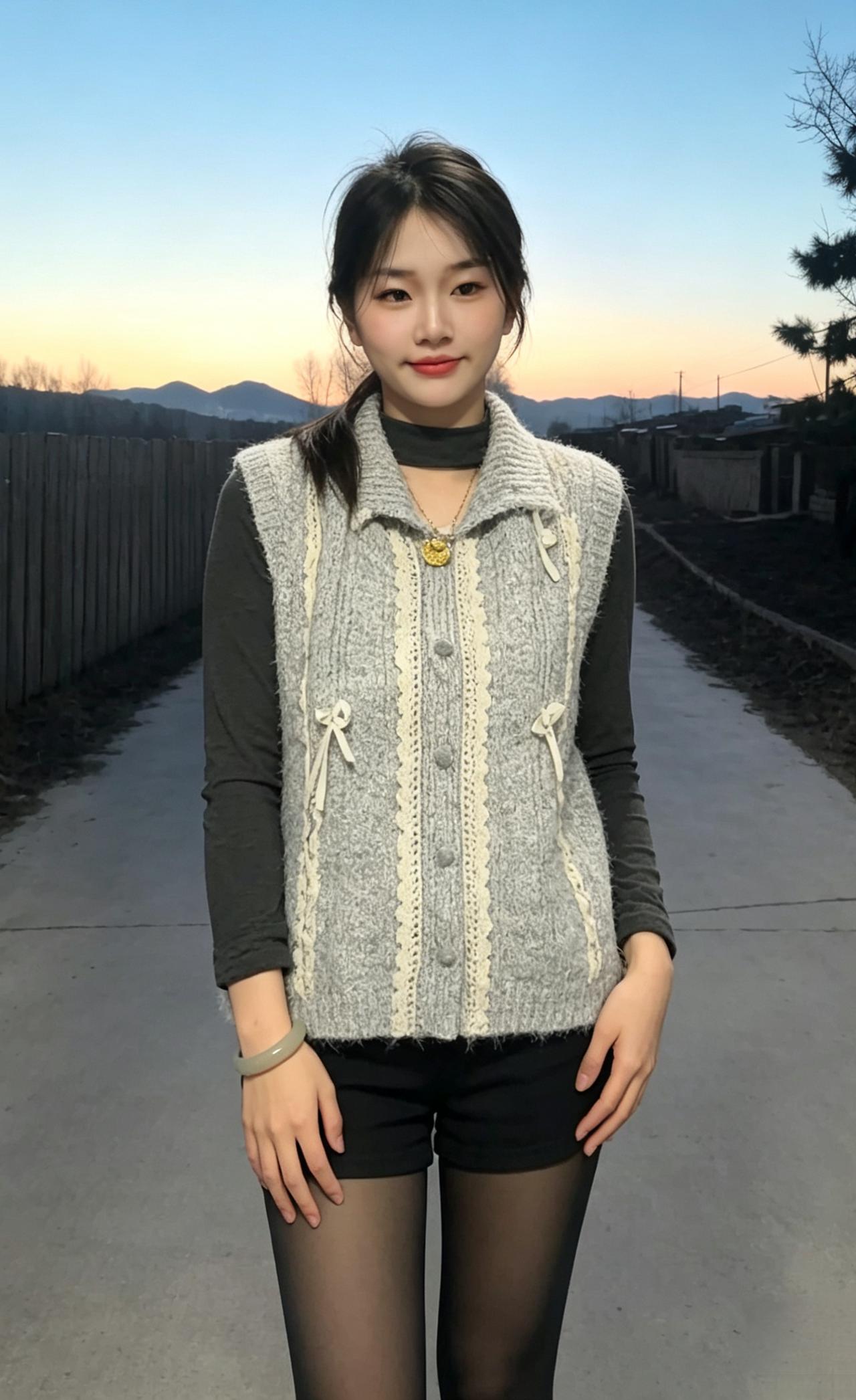 暮色铺成海，青山作浅妆。毛衣裁软暖，笑靥落流光。玉镯添清韵，星眸藏暖阳。此