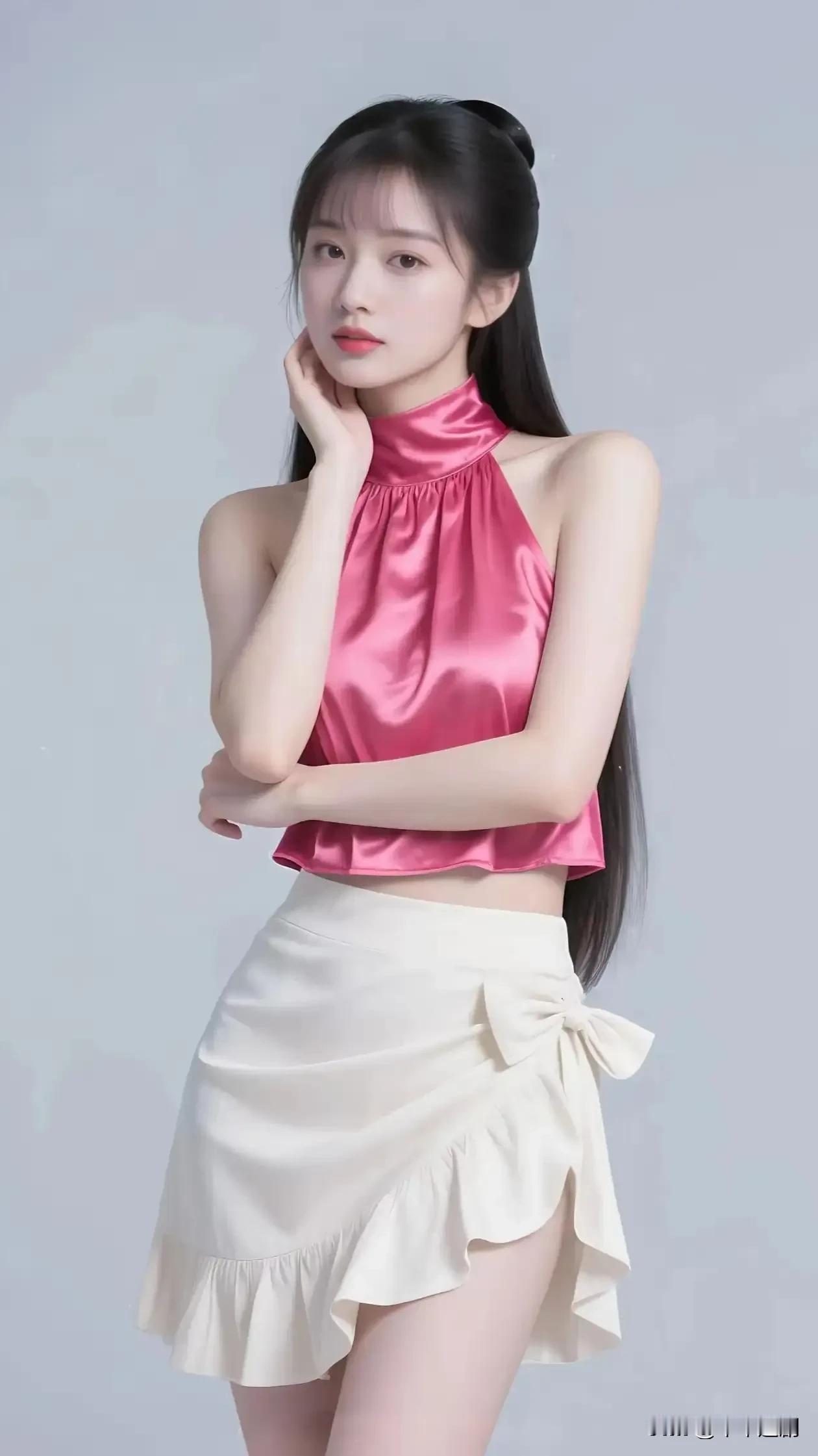 玫红缎面挂脖衫配米白荷叶裙，撞色穿搭美出甜辣氛围感～