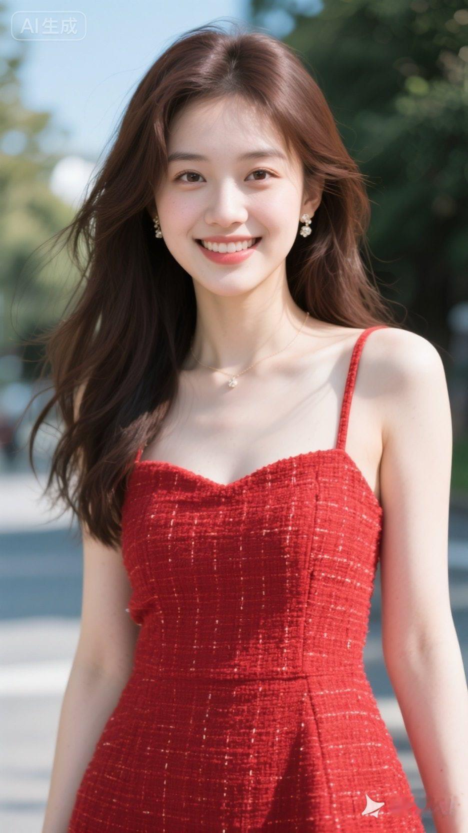阳光明媚的夏日，红裙少女微笑绽放