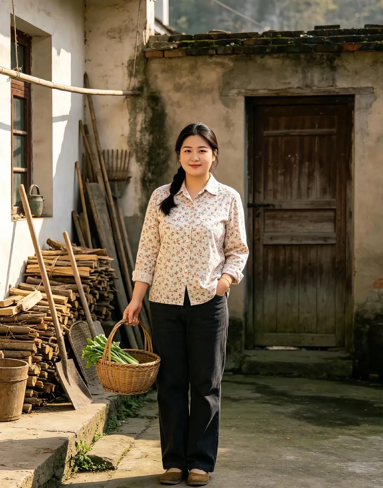 想象着一位身着浅色长裙、戴着帽子的姑娘，提着菜篮子走在乡间小道。夕阳余晖洒在她身