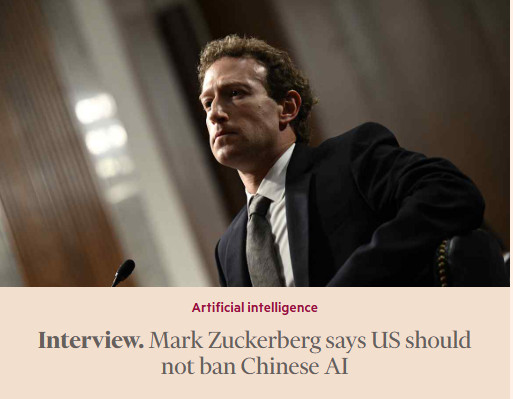 Meta首席执行官扎克伯格接受《金融时报》采访时表示，美国政府不应通过封禁中国人