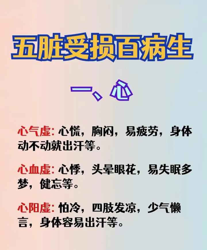 五脏受损百病生。·一、心。心气虚：心慌、胸闷、易疲劳、身体动不动就出汗等。心血