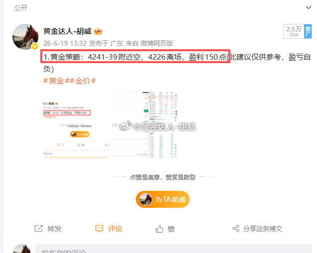 6月19日复盘总结：微博布局2战2胜。战绩如下呈现350点！第一弹：黄金4241