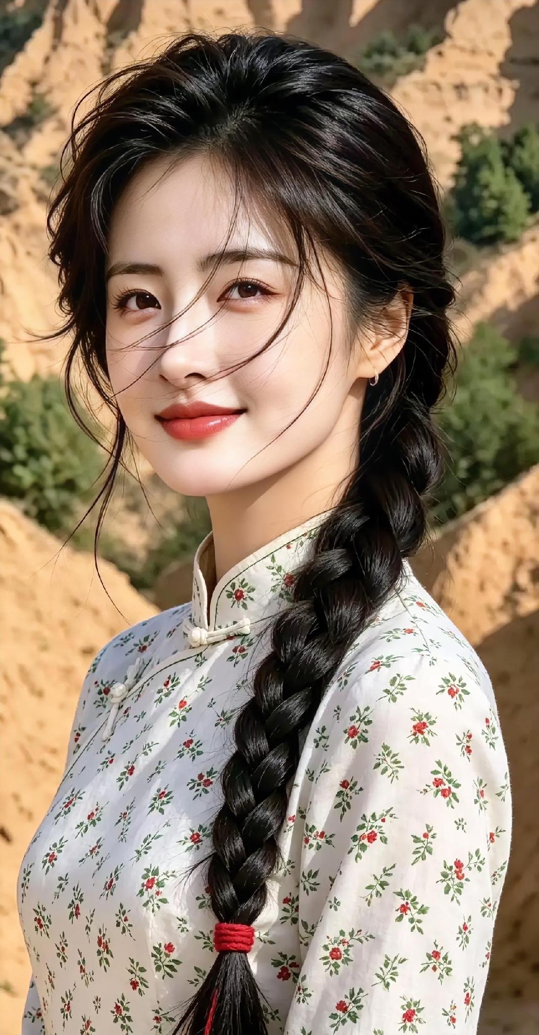 风沙也吹不散的明媚，藏在她回眸的笑里。麻花辫垂落红绳，碎花衫轻倚黄土，几