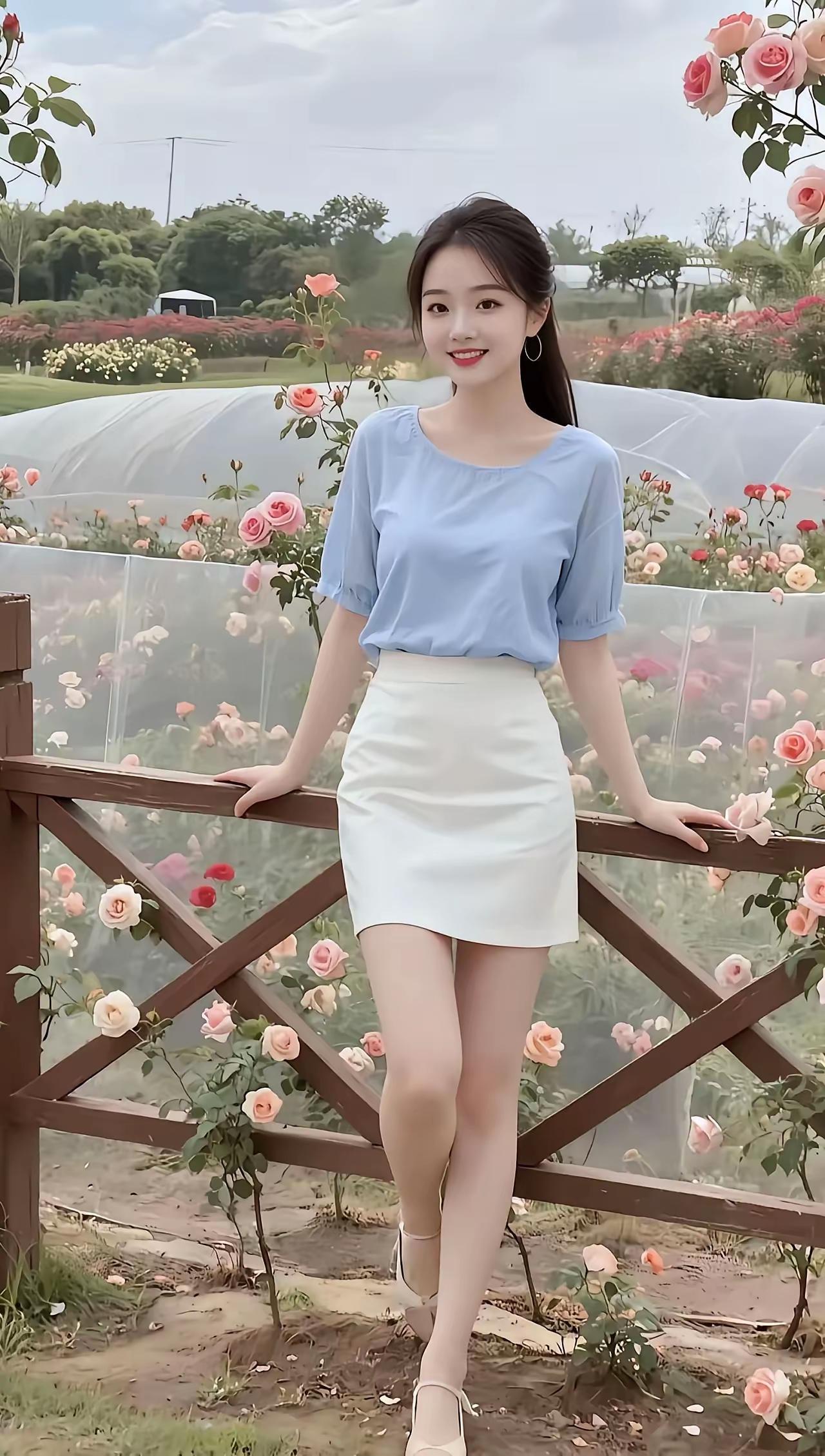 少女心爆棚的粉色花海，与清新蓝白穿搭完美融合，甜美笑容，元气满满！清新风景照分享