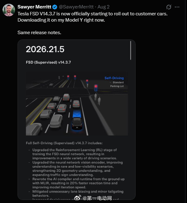 特斯拉FSD特斯拉FSD时隔四天又推送了v14.3.7一次"救了我一命"的