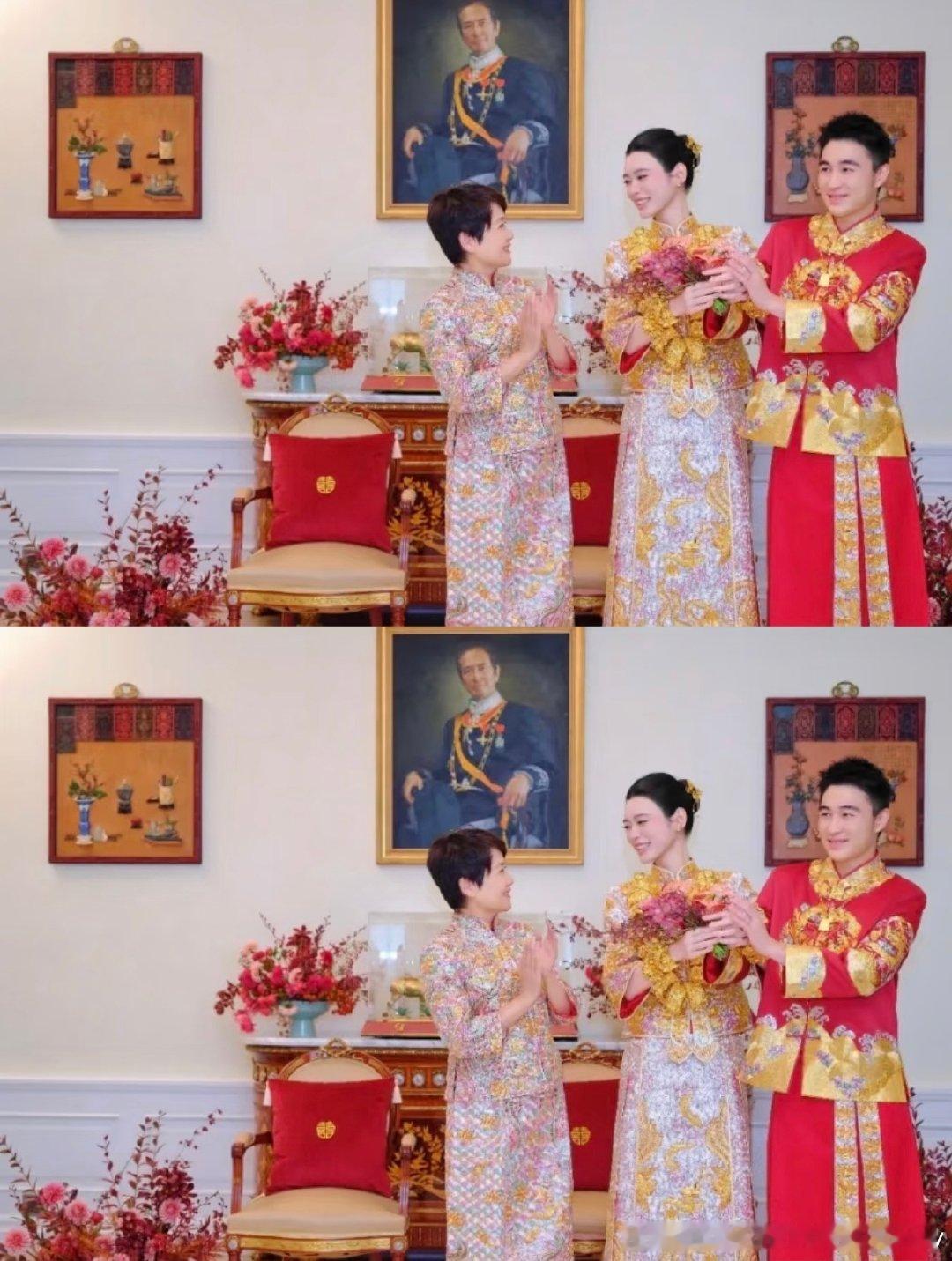 奚梦瑶这件褂皇，是欧时力为她专门量身定制的。科普一下：褂皇，是龙凤褂中金银线密度最高、最显贵气的级别