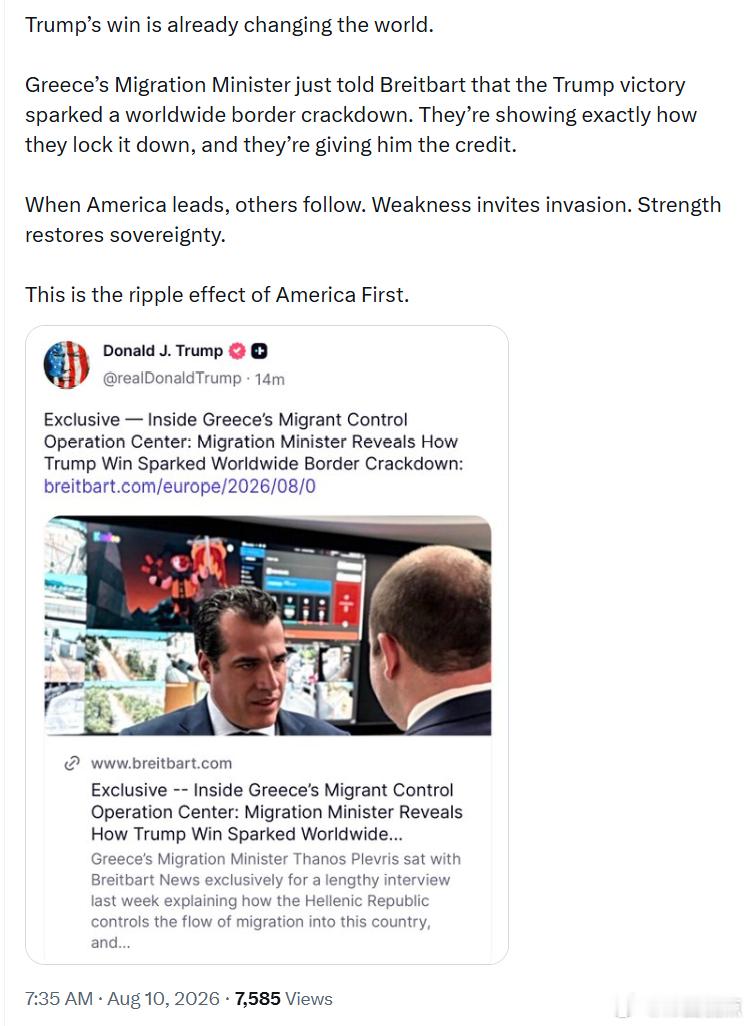 特朗普的胜利已经在改变世界。希腊移民事务部长刚刚表示，特朗普的胜选引发了全球范围