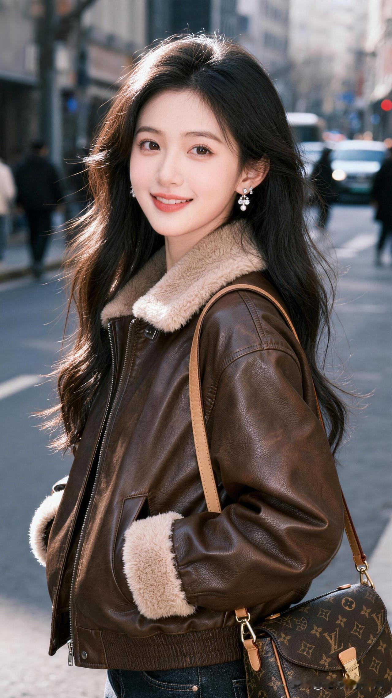 笑靥如花，岁月静好。分享美女穿搭服饰元气少女穿搭指南：棕色皮夹克+毛绒内衬，时