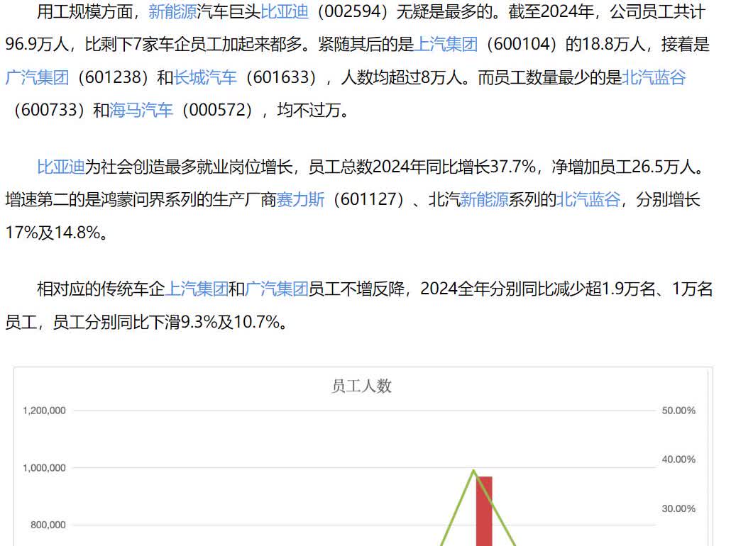 汽车产业无耻内斗—大勋观金15—看看比亚迪的用工人数，截至2024年比亚迪员工人