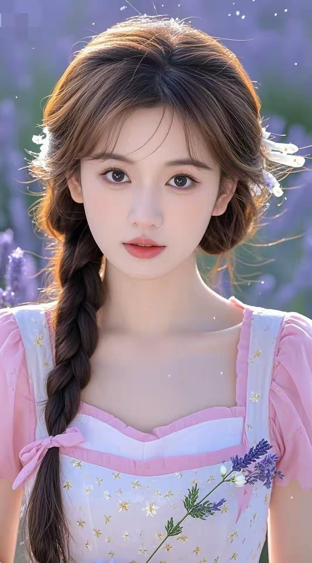 薰衣草田里的粉裙少女，发间碎花白得像落了星光