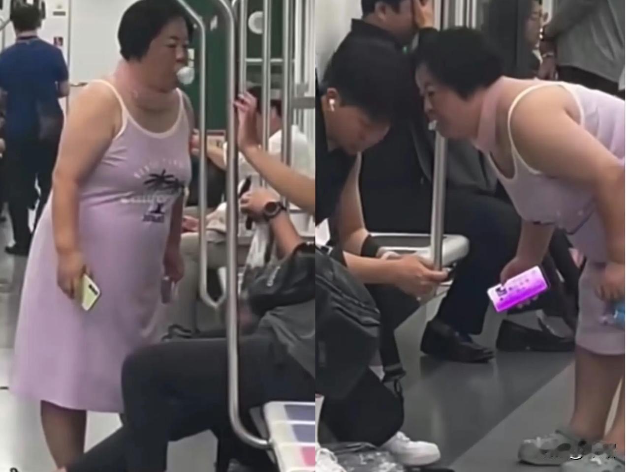 地铁里这幕太颠覆！这种行为算是骚扰吗？[笑着哭]一位穿着吊带，身材胖胖的大妈在