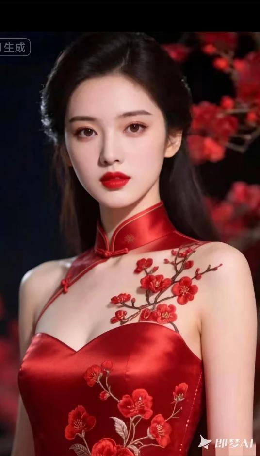 旗袍雅致韵味生，红底牡丹显风情。古典韵味，旗袍之美。雍容华贵，东方之美。