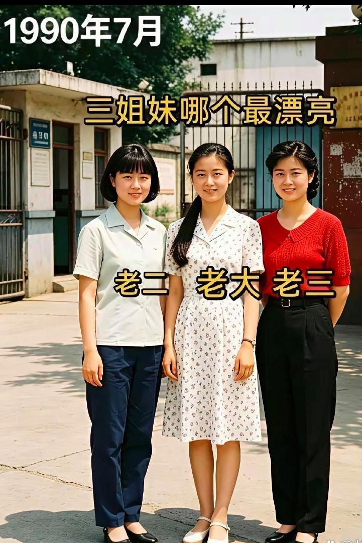 梦回1990年，这三姐妹老照片太有年代感！九十年代的夏天，大院门口拍下这张