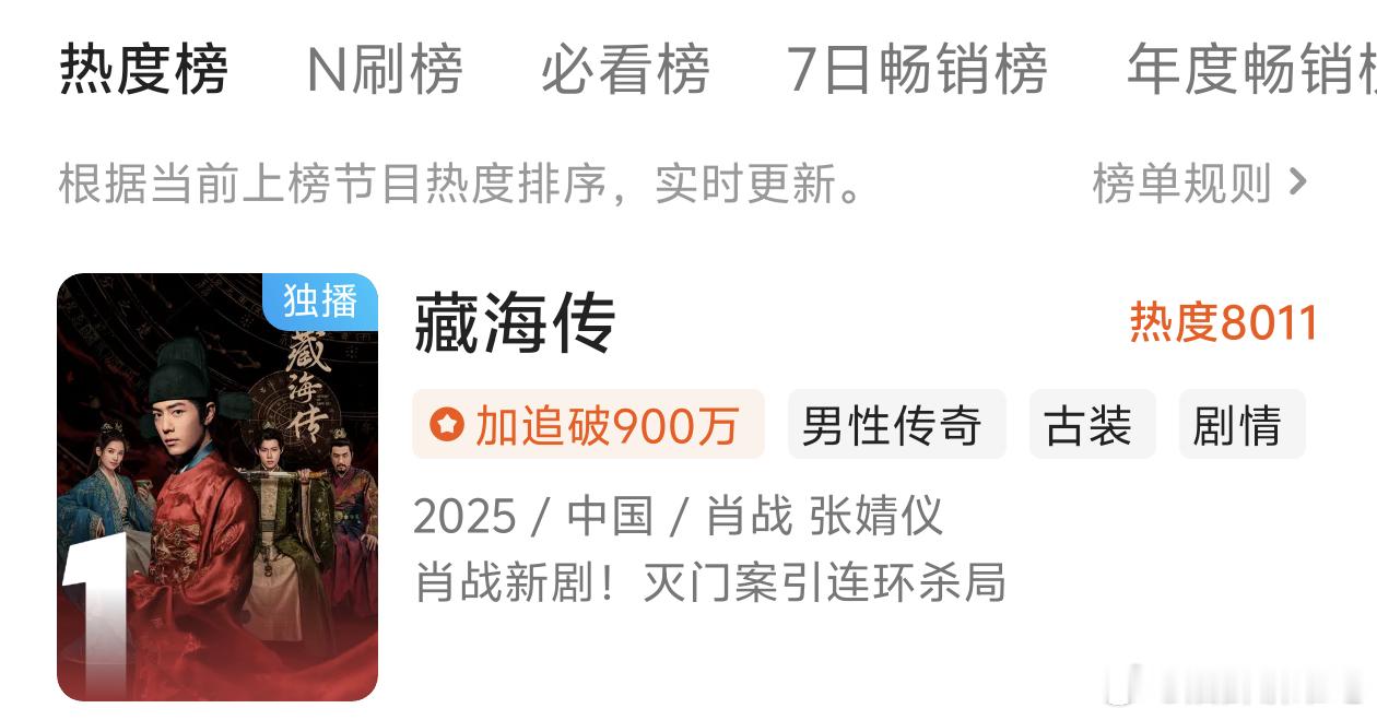 藏海传优酷站内热度破8000！！破纪录了，而且之前纪录中午开播，藏海传19点30
