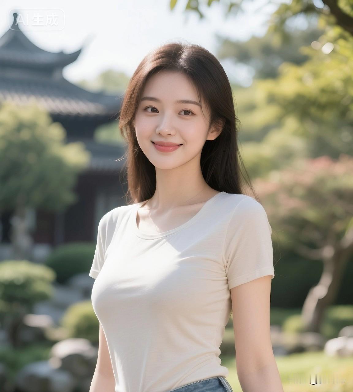 今天这套白T+牛仔裤也太绝了吧！在园林里随手一拍，清爽又温柔，这就是夏天该有的样