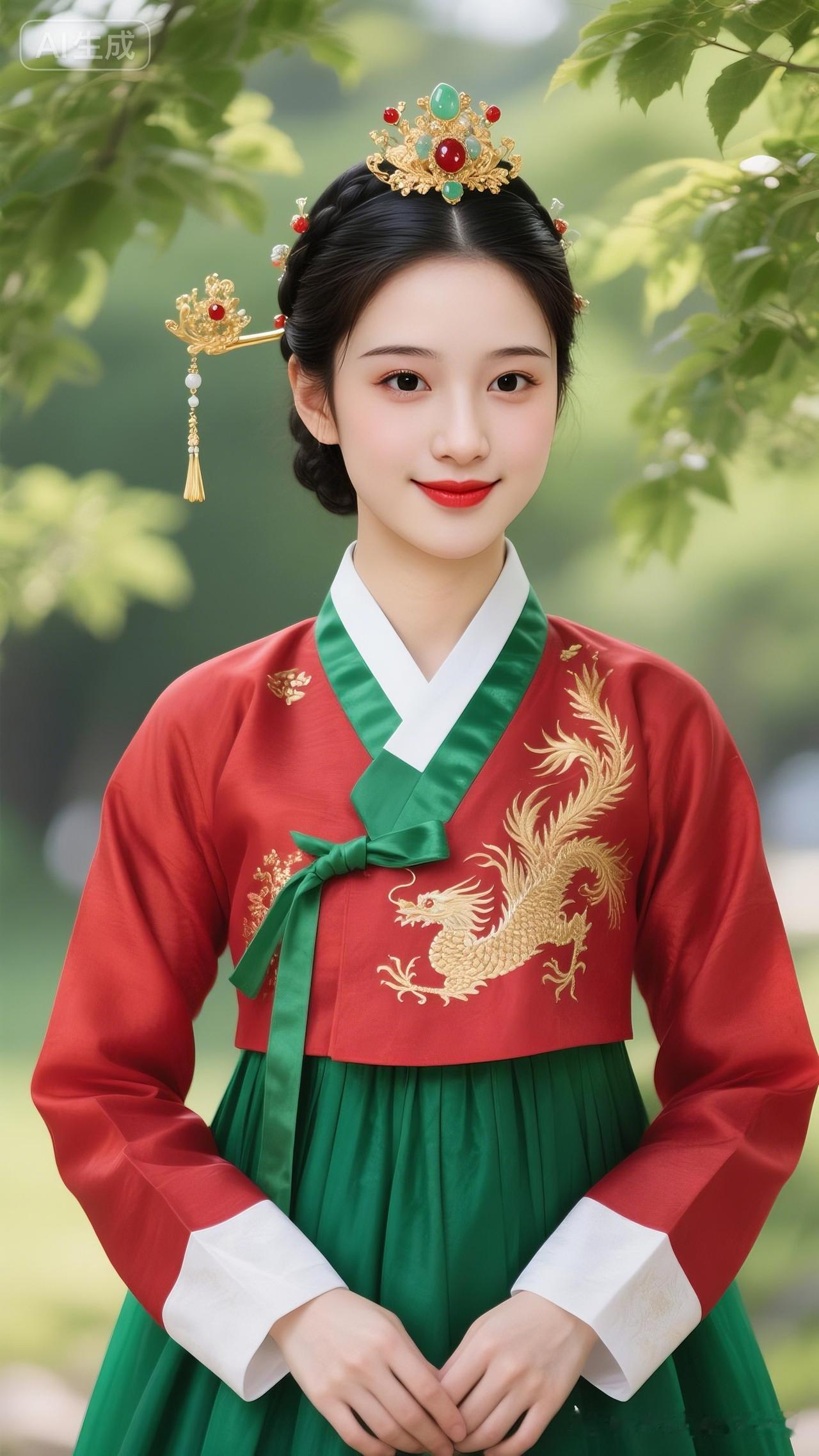 朝鲜族少女垂眸浅笑，白肤红唇，盘发配鎏金玛瑙翡翠发冠，红袄绿裙绣金线龙凤，立于春