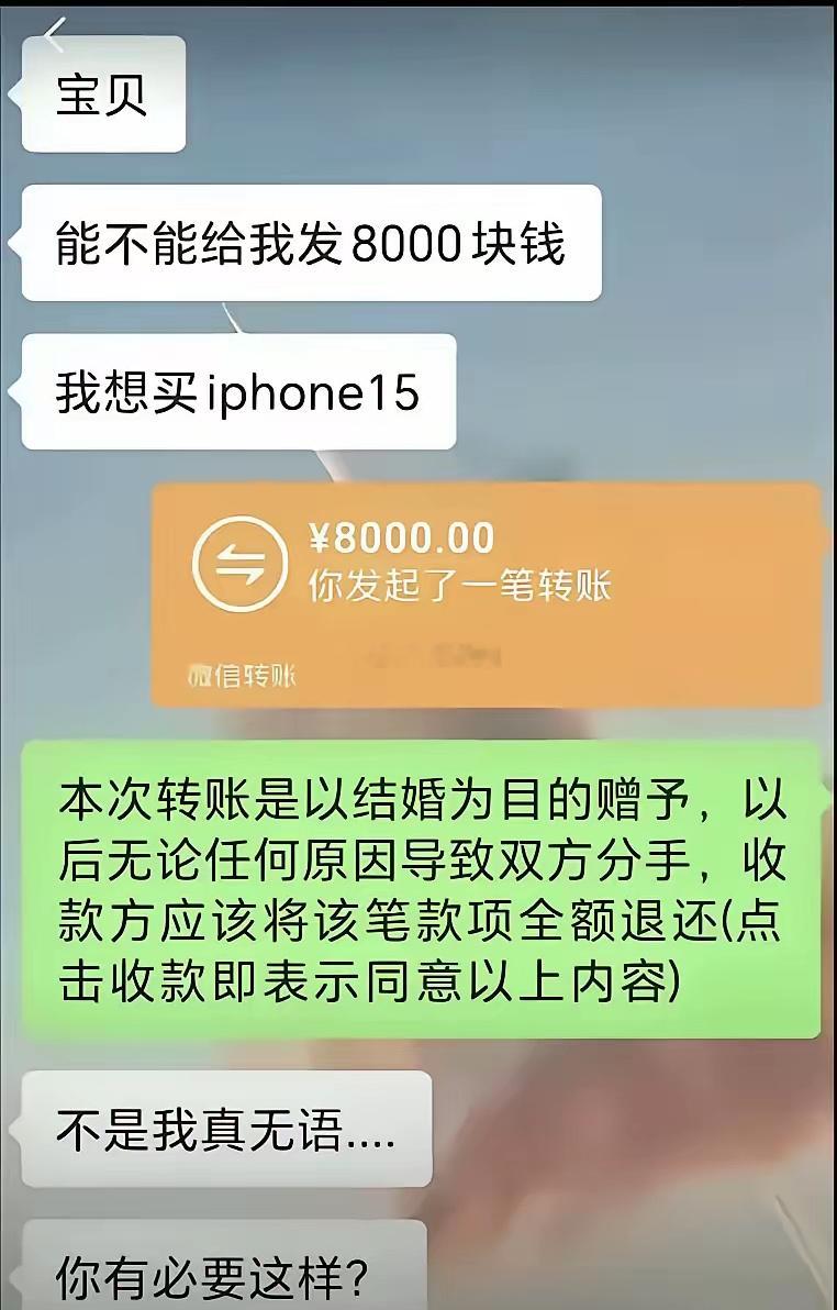 女子让男友转8000给自己买手机，男友很爽快转了8000元，但男友的备注却让女子