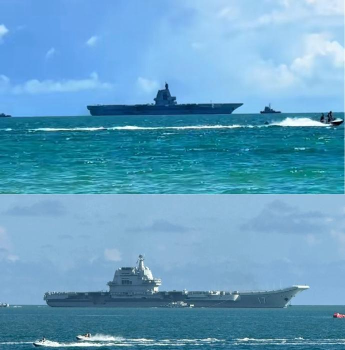 “福建”舰和“山东”舰一同离开三亚军港，港内主力军舰包括055和052D导弹驱逐