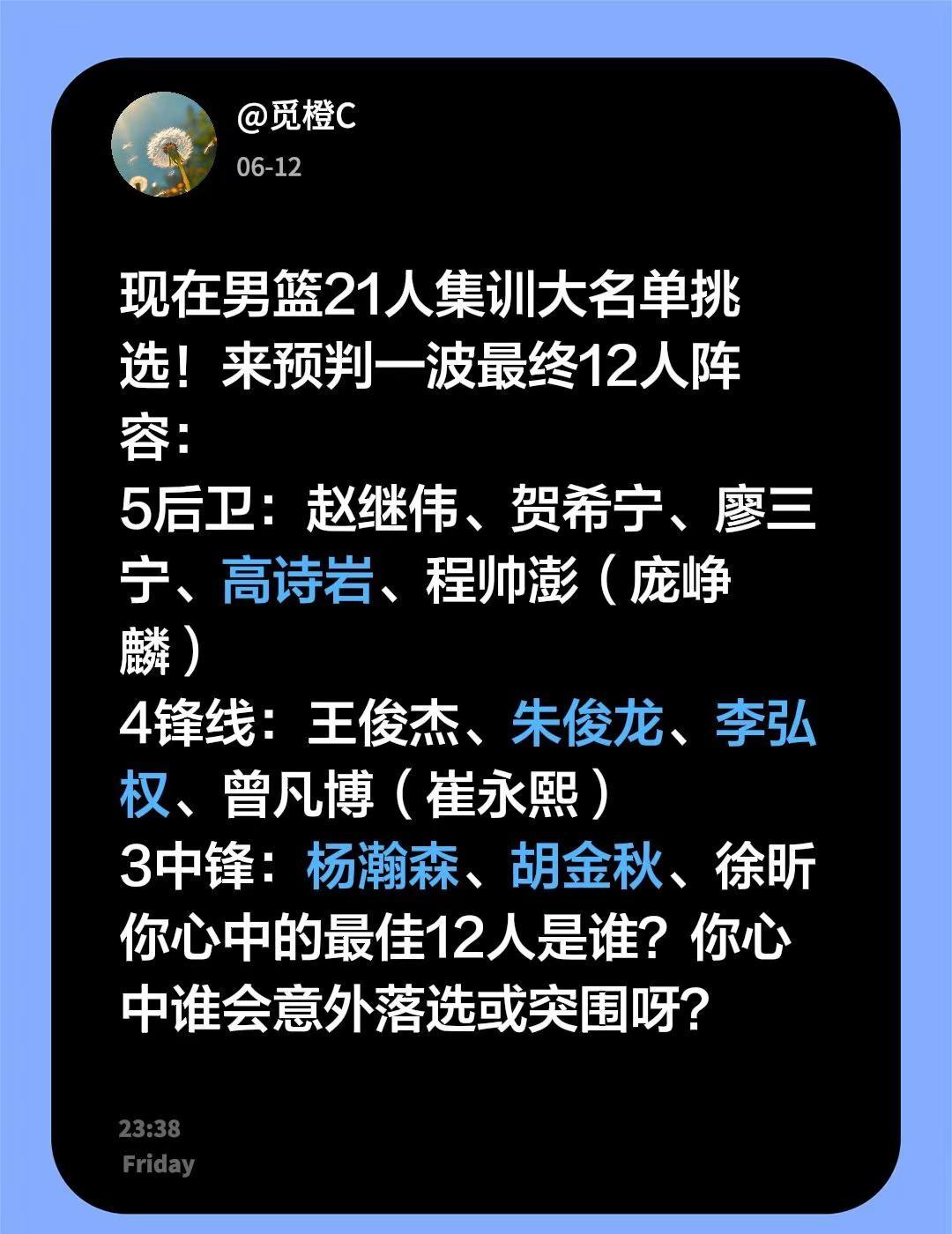现在男篮21人集训大名单挑选！来预判一波最终12人阵容：5后卫：赵继伟、贺希宁、