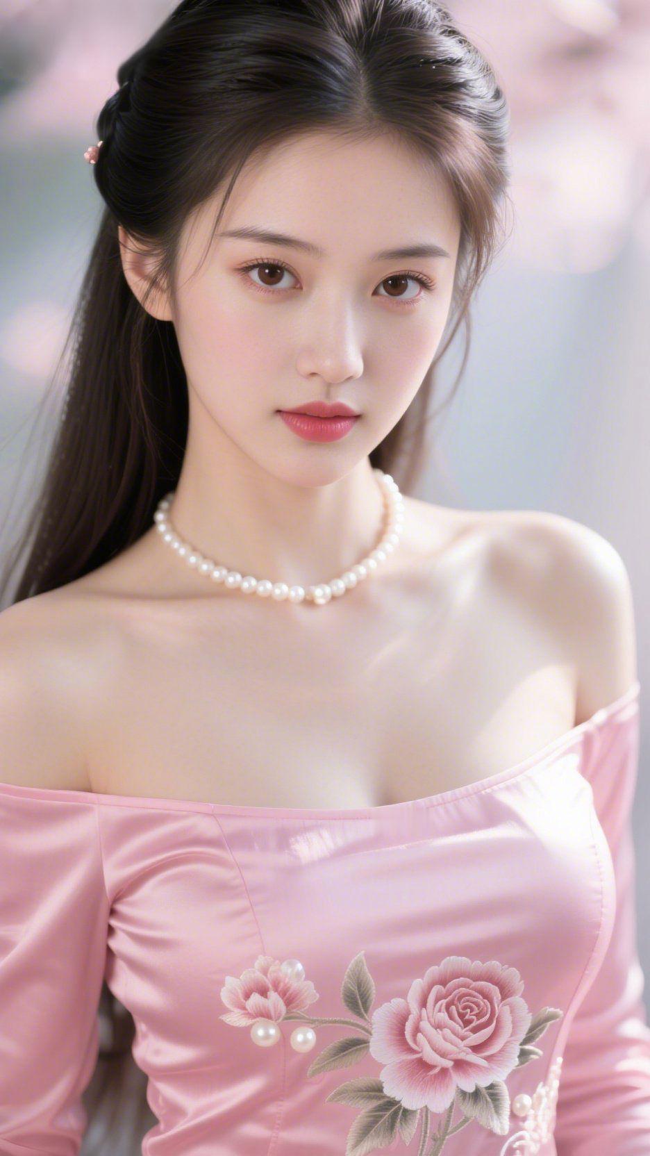 《粉裙载春柔》浅粉裙衫裹着润软的光，珍珠颈链轻垂肩头，像落了一捧细柔的云。