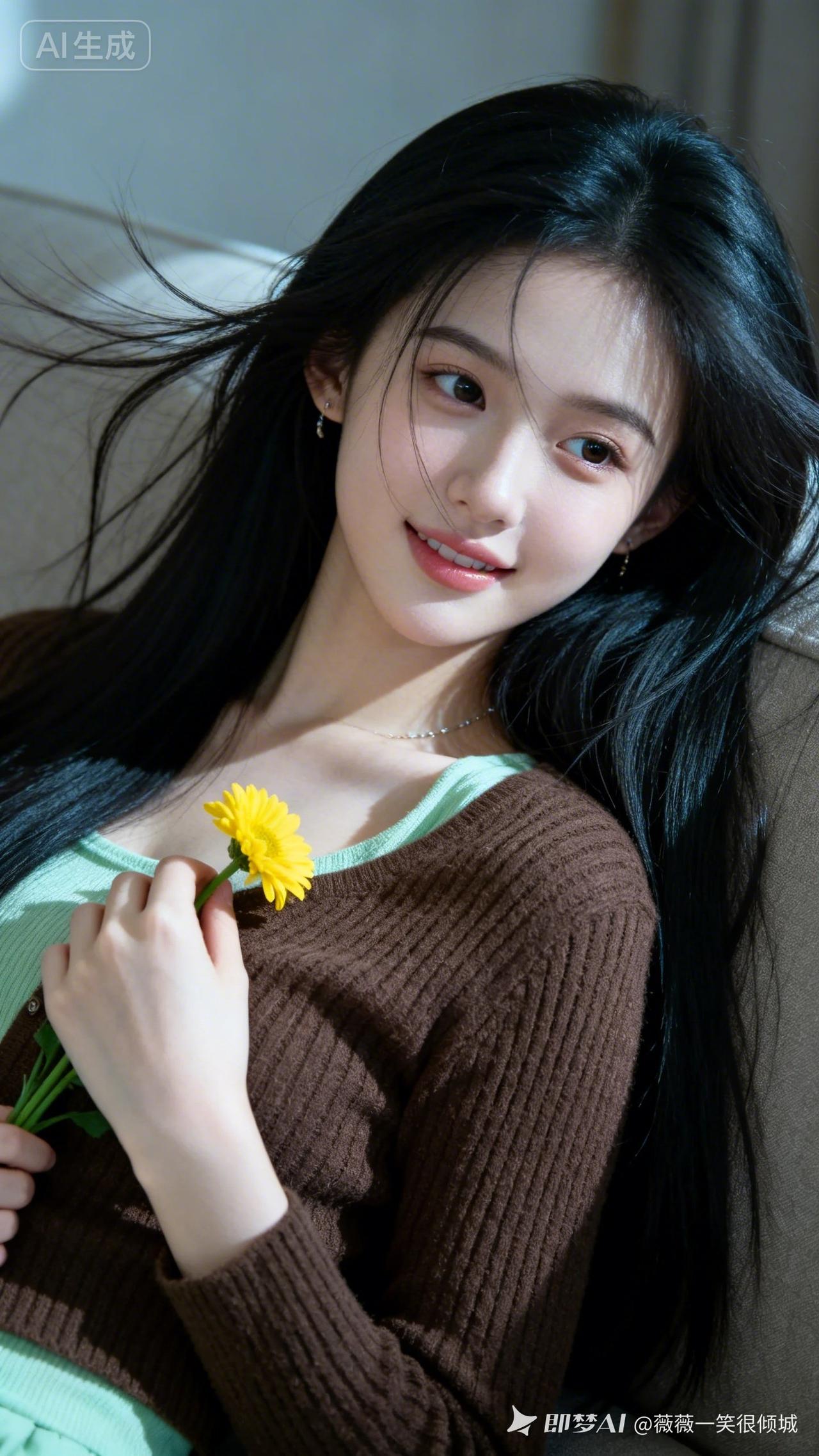 东方少女，黑长直蓬松垂落，冷白皮细腻透亮。穿棕色针织衫内搭浅绿，手捧黄雏菊倚沙发