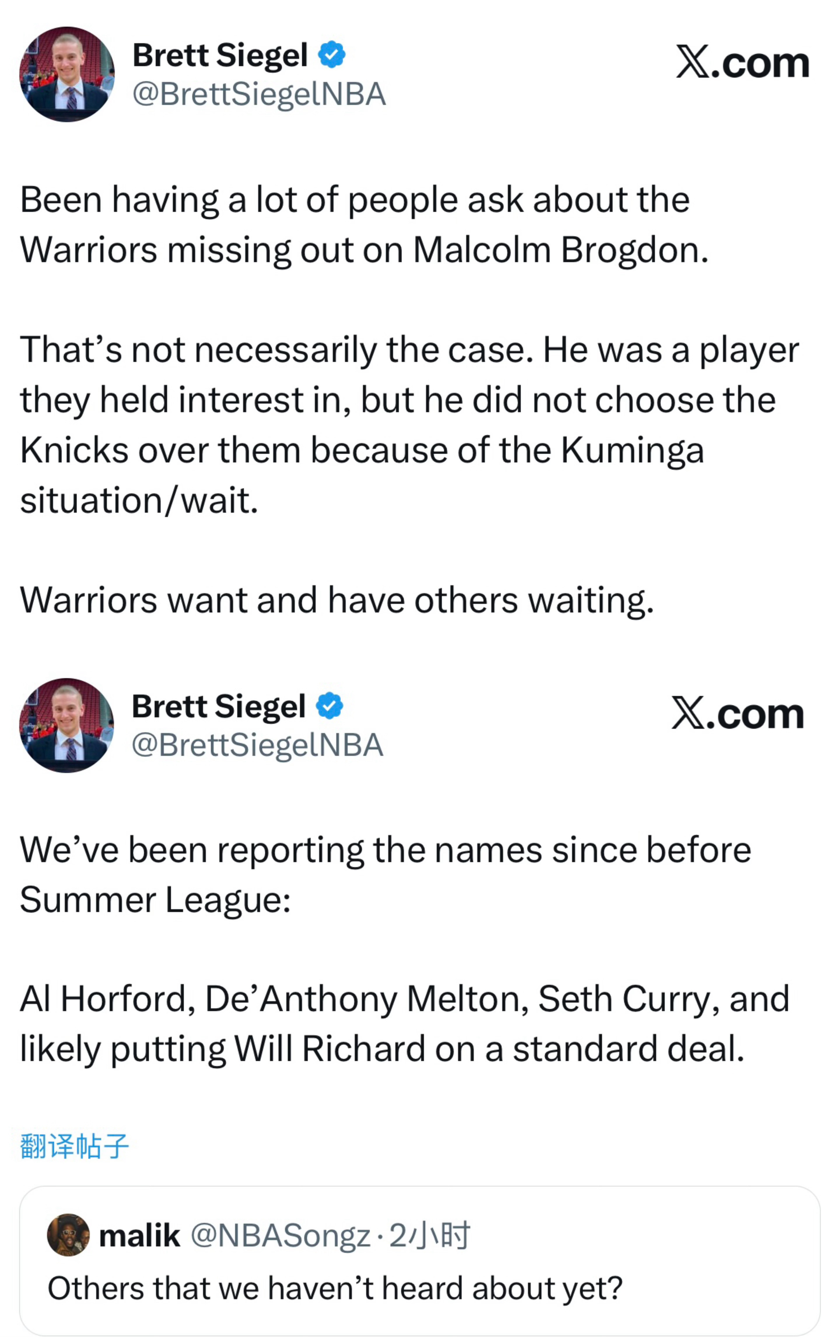 BrettSiegel：最近很多人在问勇士队为何没能签下布罗格登。事实未必如此