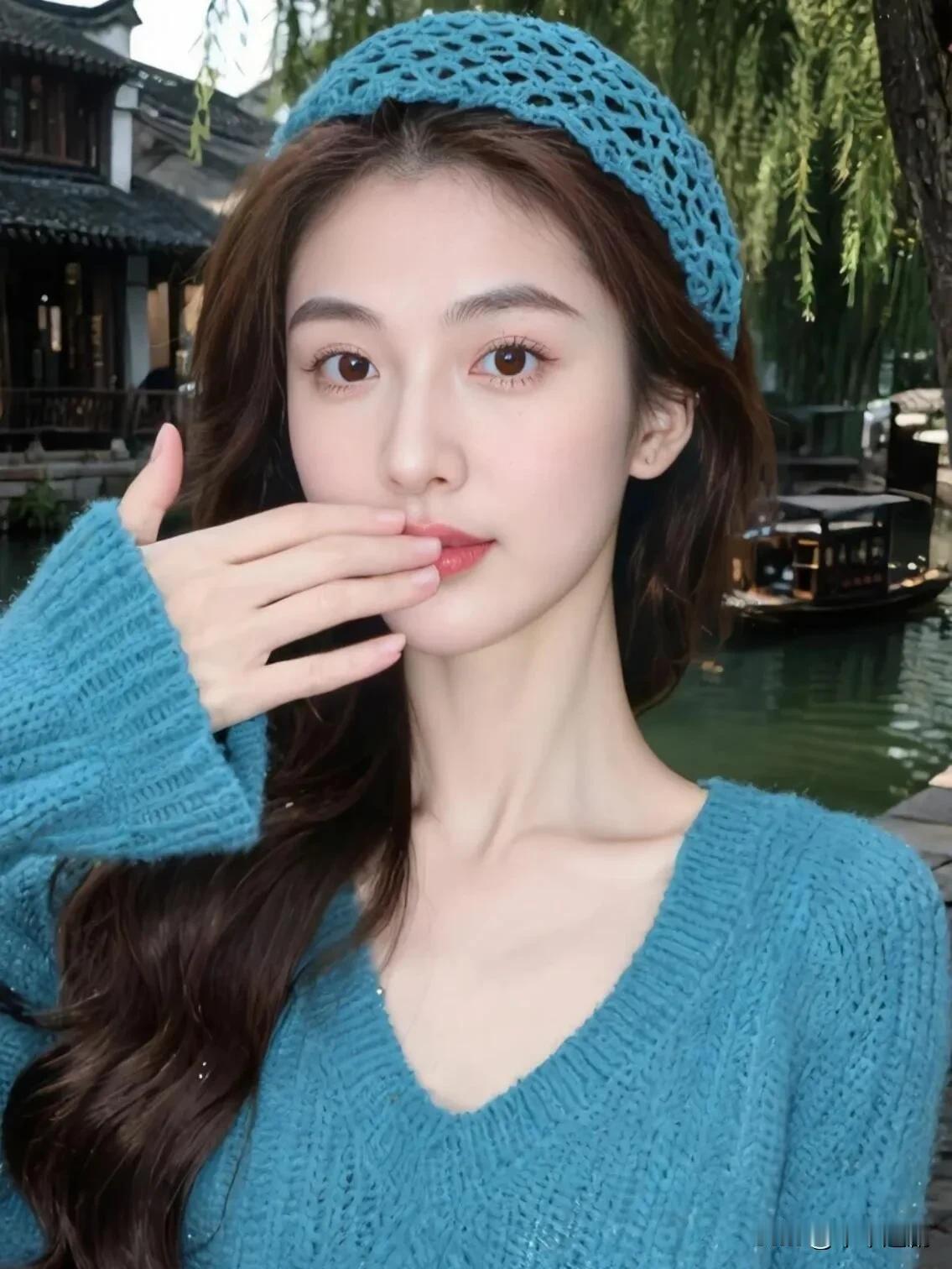 湖蓝针织裹着清甜活力，同色系发饰在水乡街景里漾着温柔气息，掩唇浅笑间，是属于江南