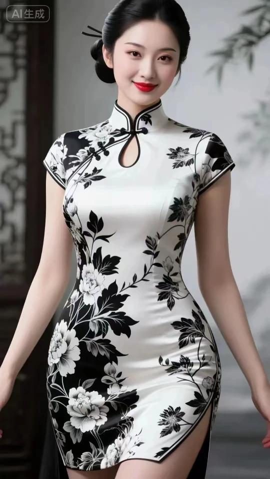 锦缎旗袍绣牡丹，青丝挽髻玉钗簪。嫣然一笑回眸处，眸若秋水黛春山。