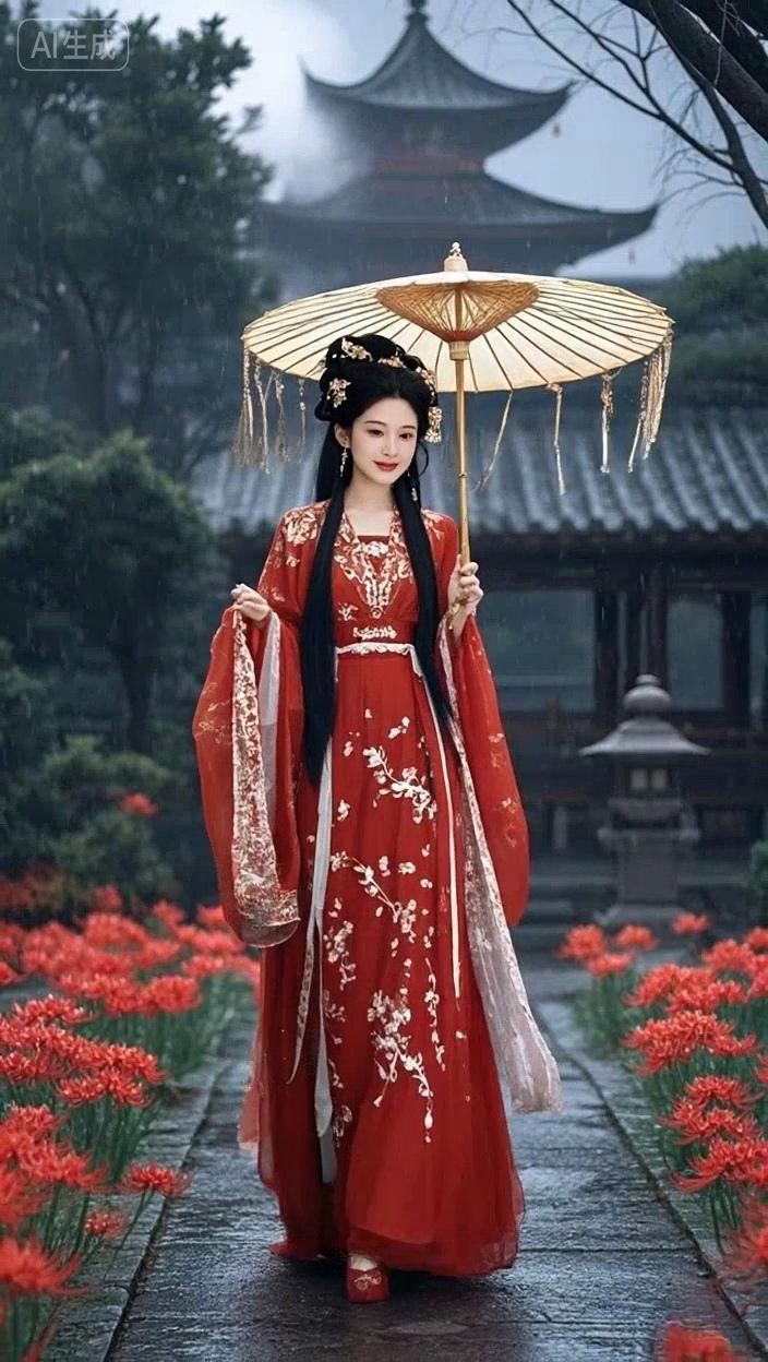 七绝●雨中赏花润雨鲜花犹嫩艳，蒙烟老院更幽深。亭台小径盈情趣，举伞