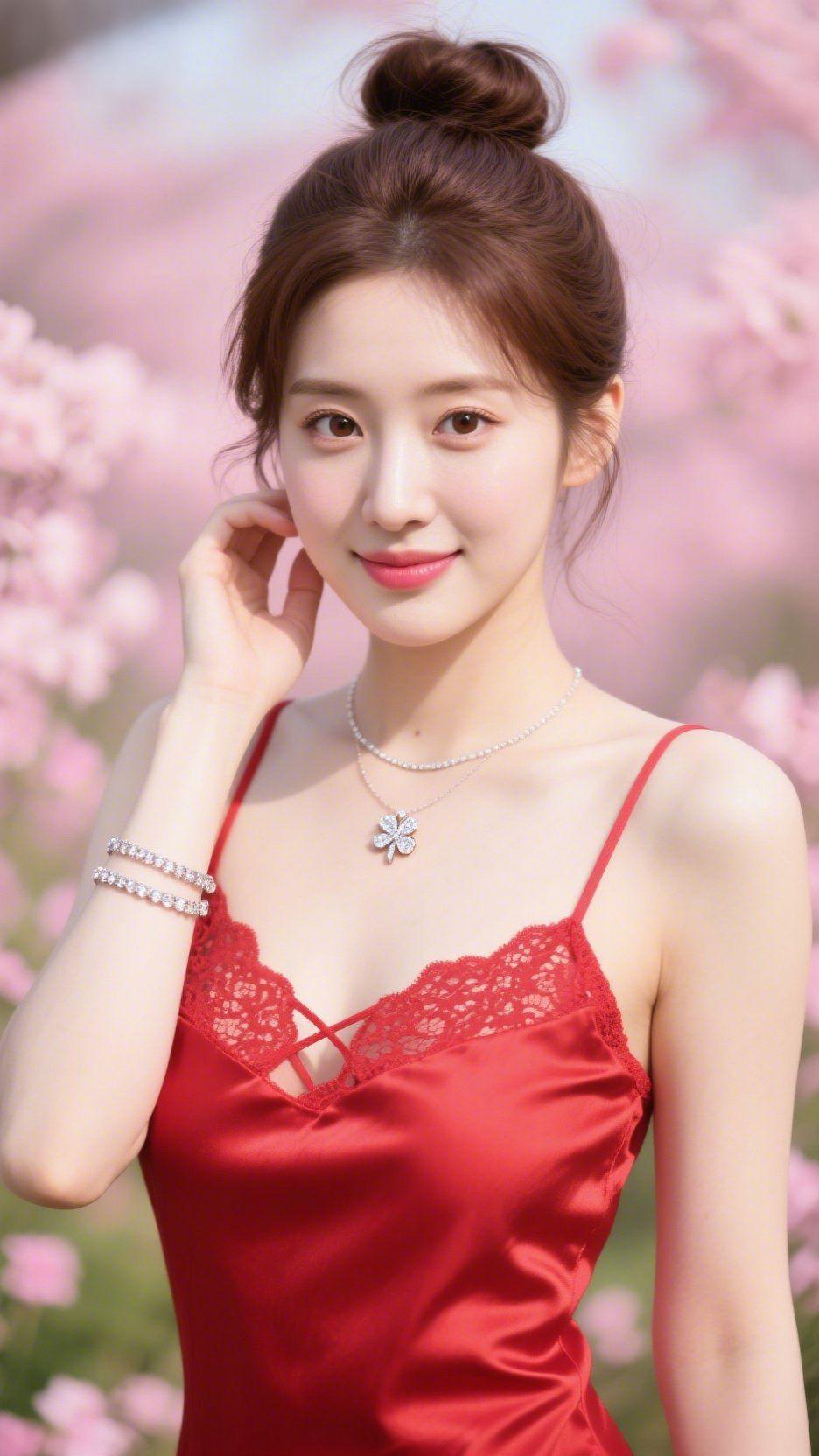 《红裙伴春樱》粉樱织成朦胧的背景，她身着红裙立于风里，缎面的柔光裹着春的温