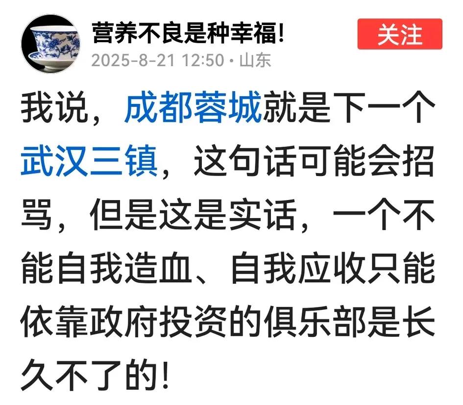 这位山东网友说成都蓉城是下一个武汉三镇，因为营收只能依靠政府投资，不会自我造血。