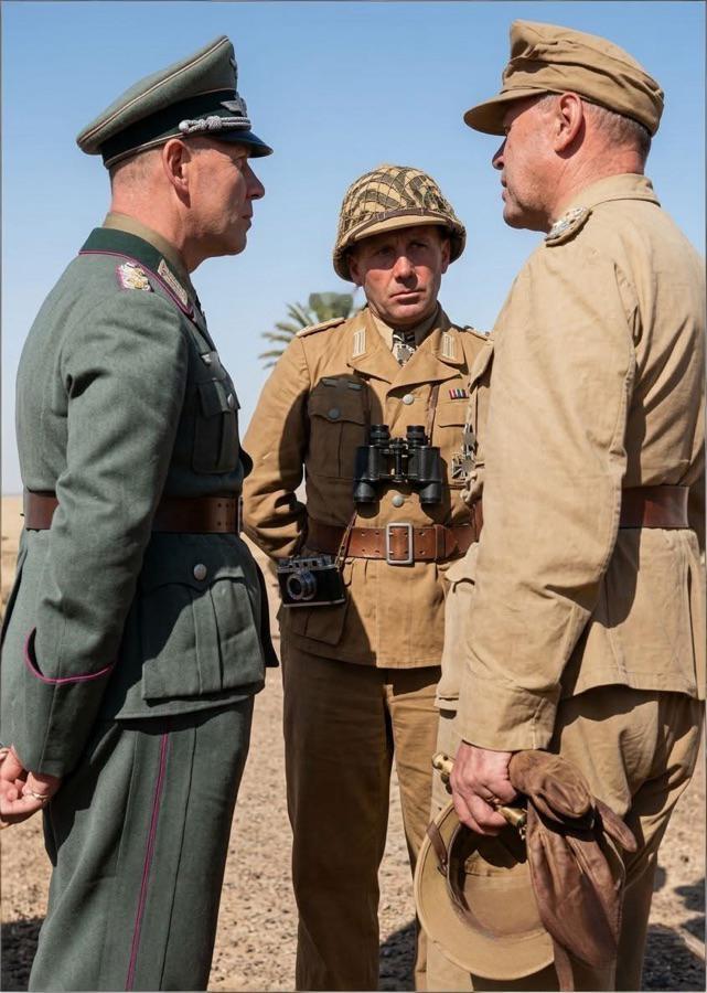 1943年，北非战场，德国陆军元帅埃尔温·隆美尔、陆军中将弗里茨·拜尔莱因与空军