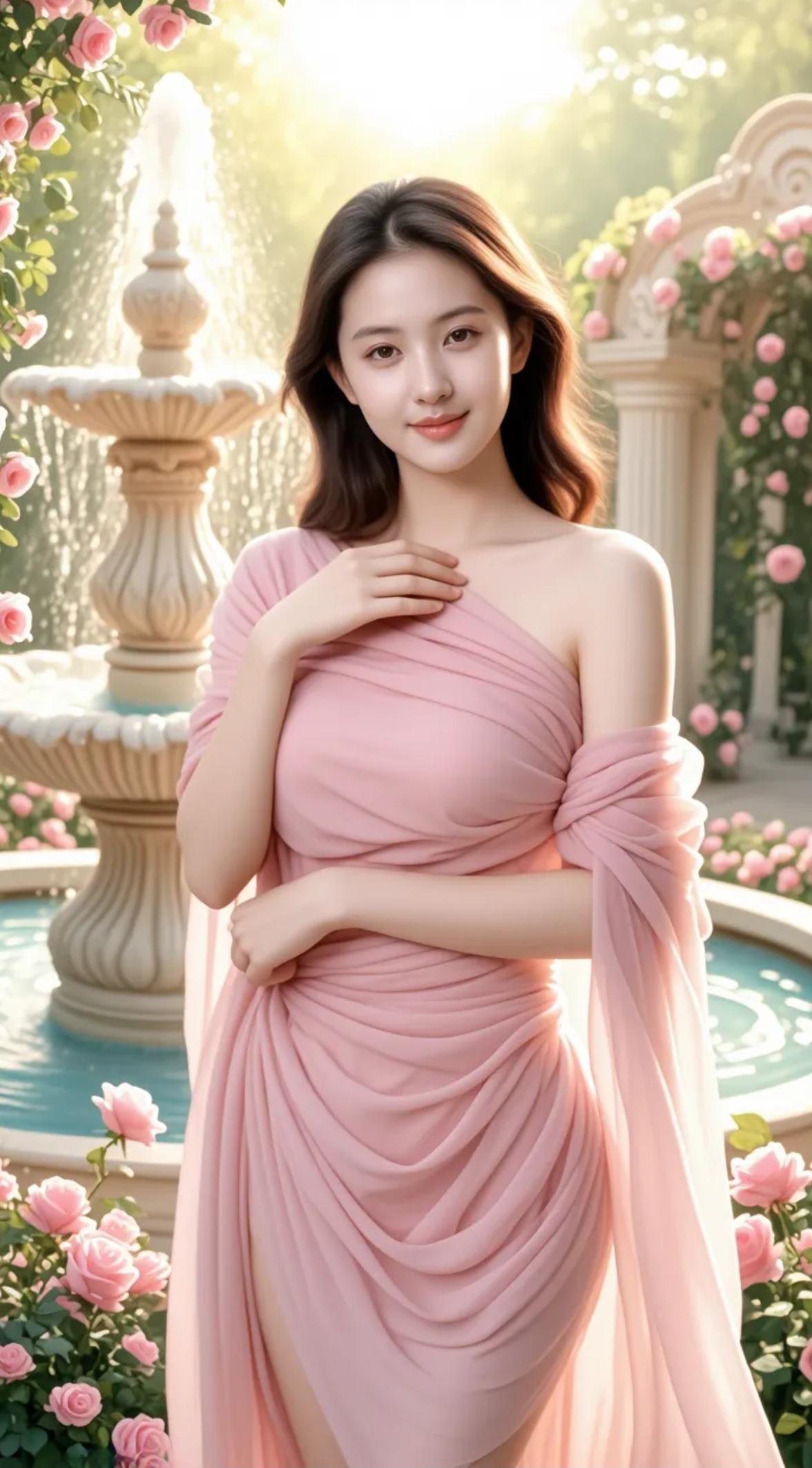 粉衣美人倚喷泉，花影摇曳映芳颜。