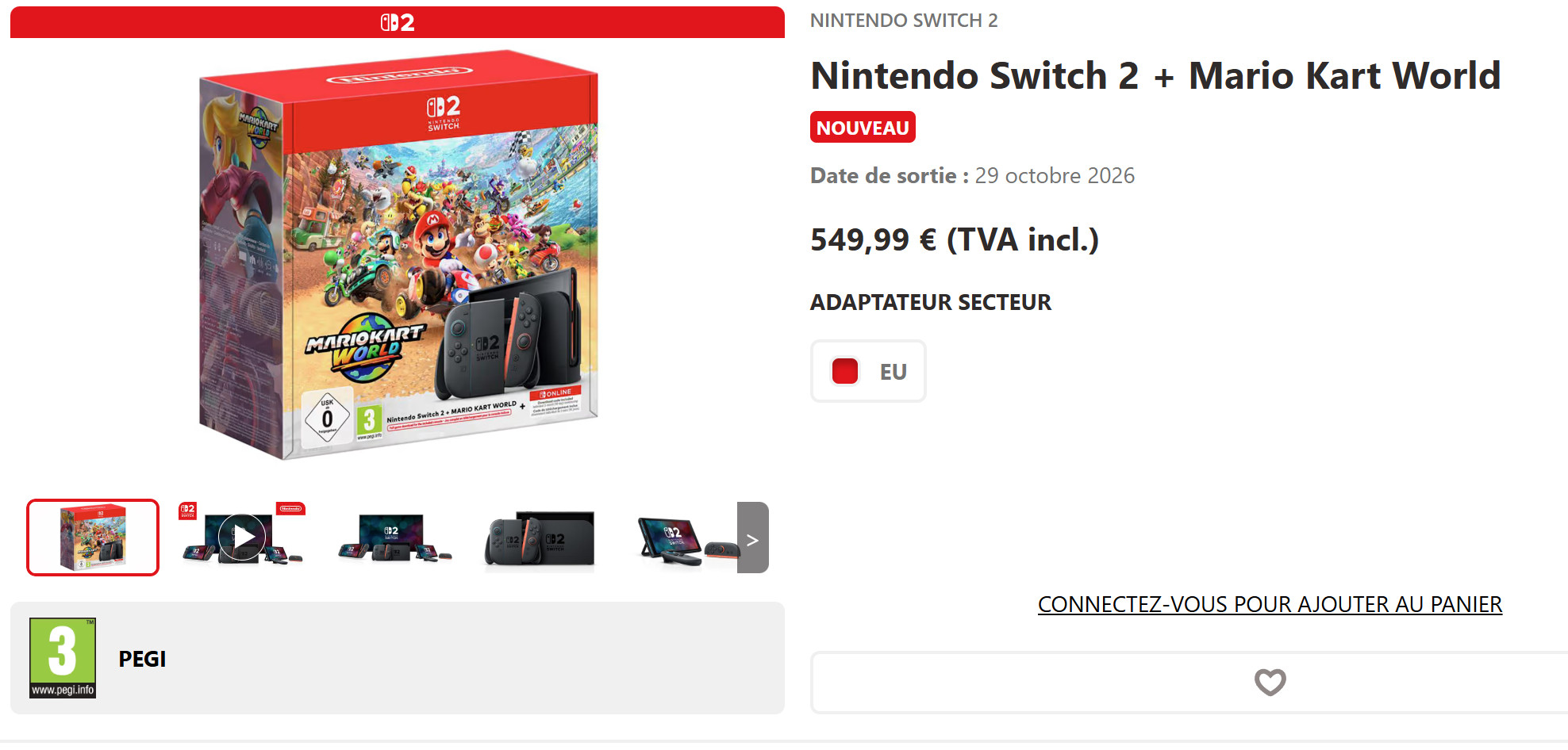 《马力欧卡丁车世界》+Switch2的同捆套也再次上架，售价549欧元，包括3个