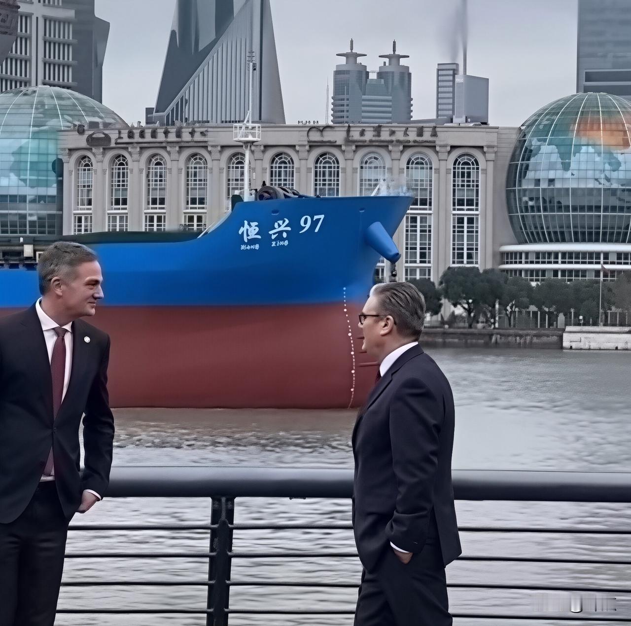 🔻斯塔默外滩参观，游轮上的“97”应景。🔻1月31日，英国首相斯塔默访问