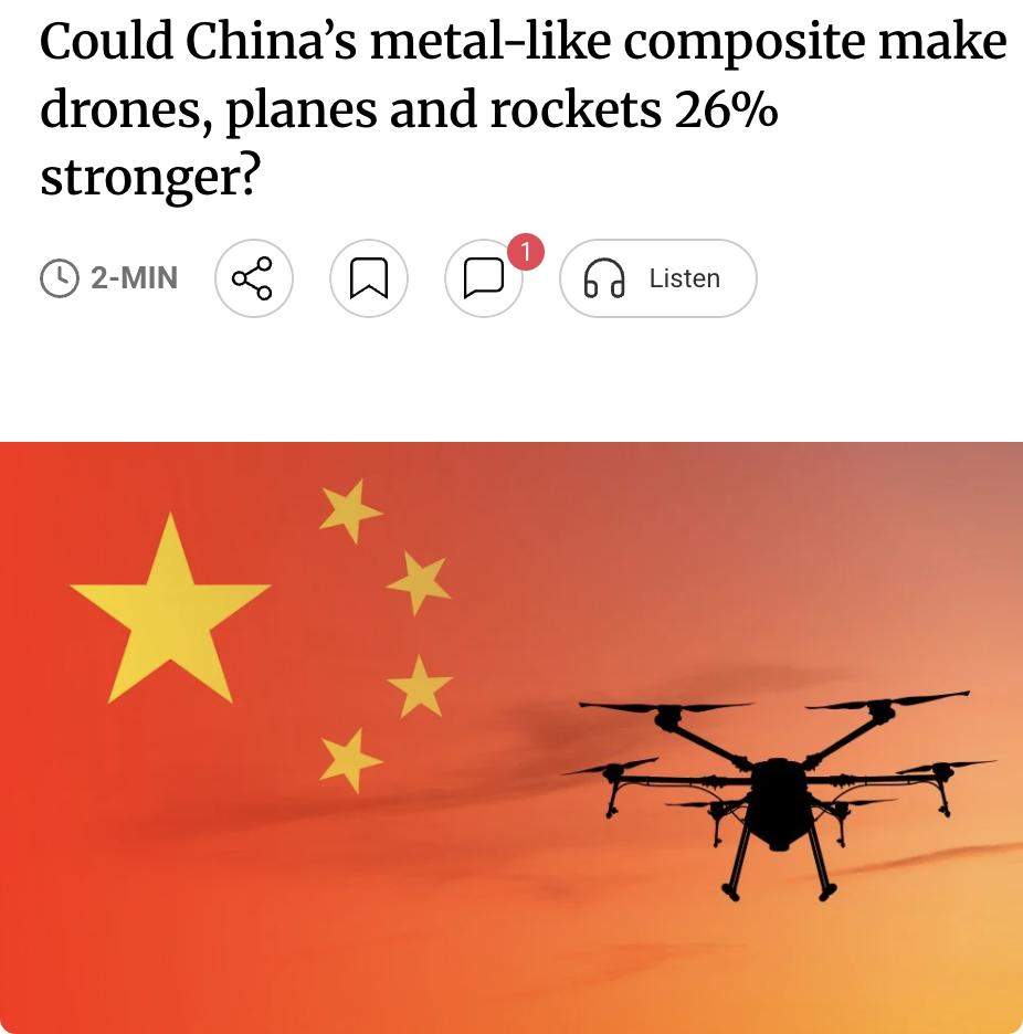 外媒：中国科学家提出了一种新的复合材料制造方法，可能使无人机、飞机和航天器的结构