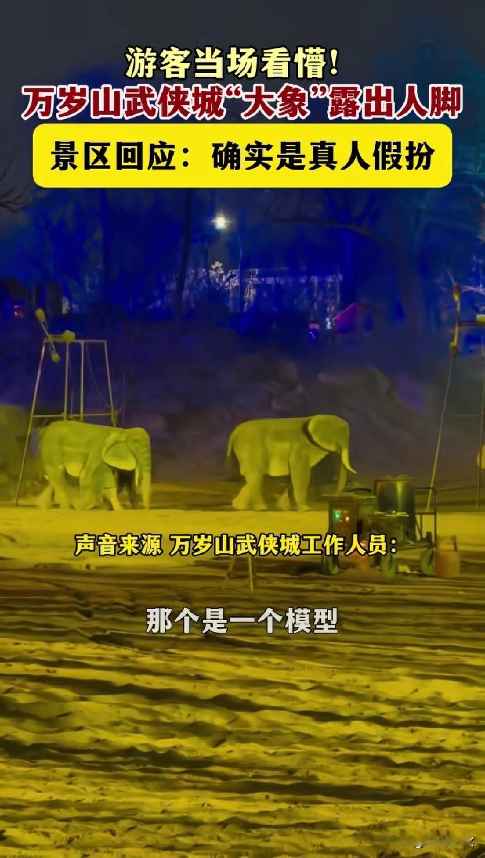 四个男人扮大象[笑着哭]。万岁山的大象表演露出人脚观众纷纷质疑大象是假的随后