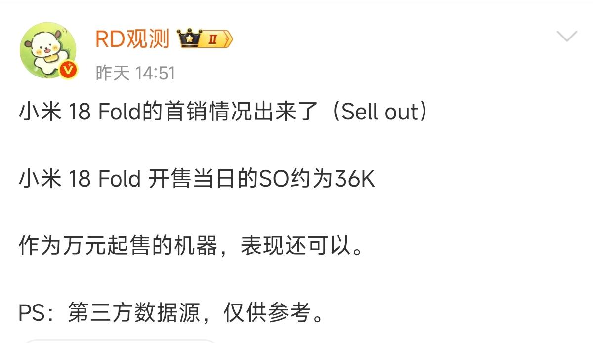 骂的越惨，销量越打脸小米18Fold首销成绩出来了来自权威博主RD观测的信