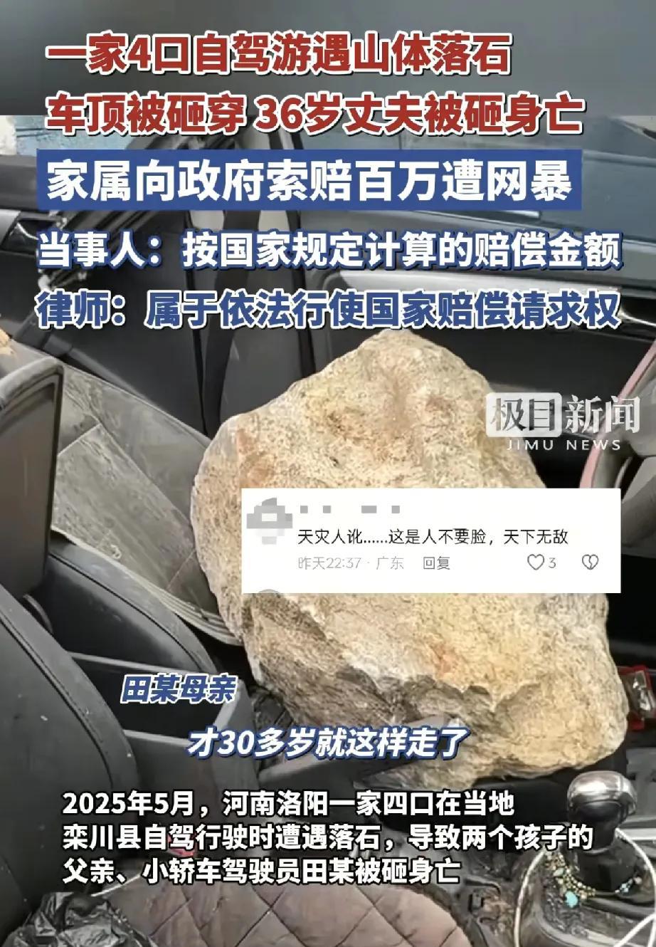 2025年5月，河南洛阳一家四口在栾川县自驾时遭遇山体落石，36岁的丈夫田某不幸