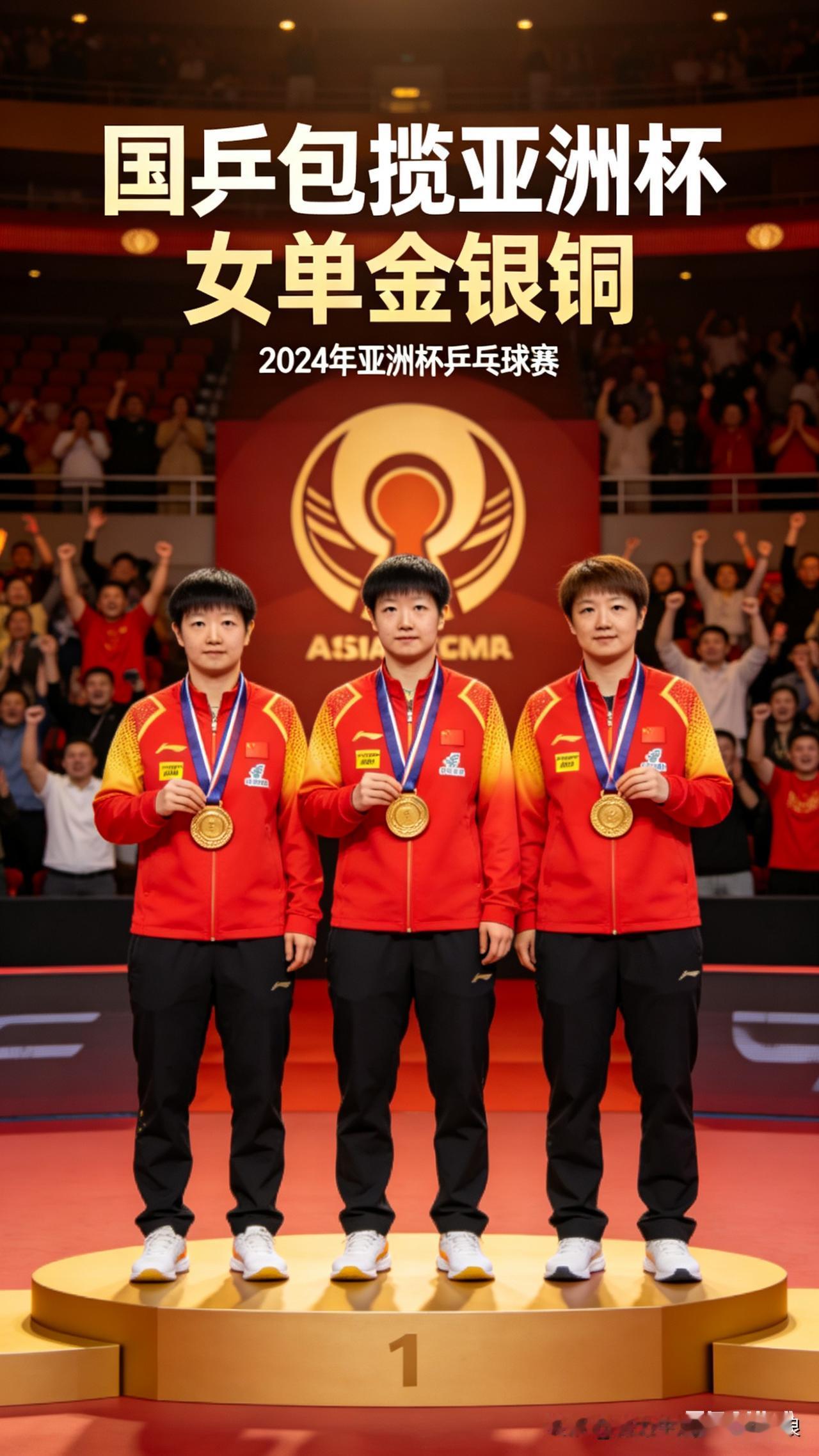 太牛了！国乒女队直接包揽亚洲杯女单金银铜，海口赛场三面五星红旗同时升起，这排面直