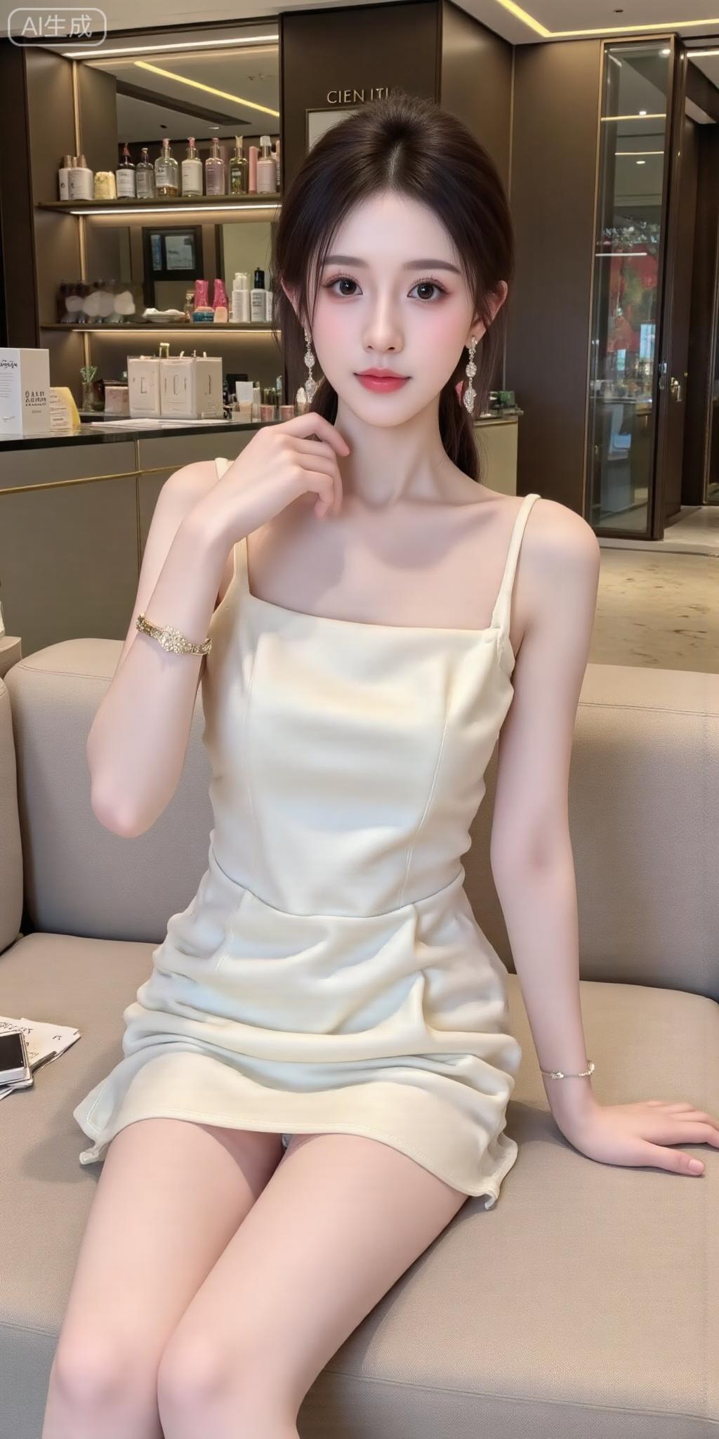室内沙发的缎面甜妹好绝奶白斜肩裙裹着柔滑缎面，蝴蝶结肩带添了点甜，坐在沙发
