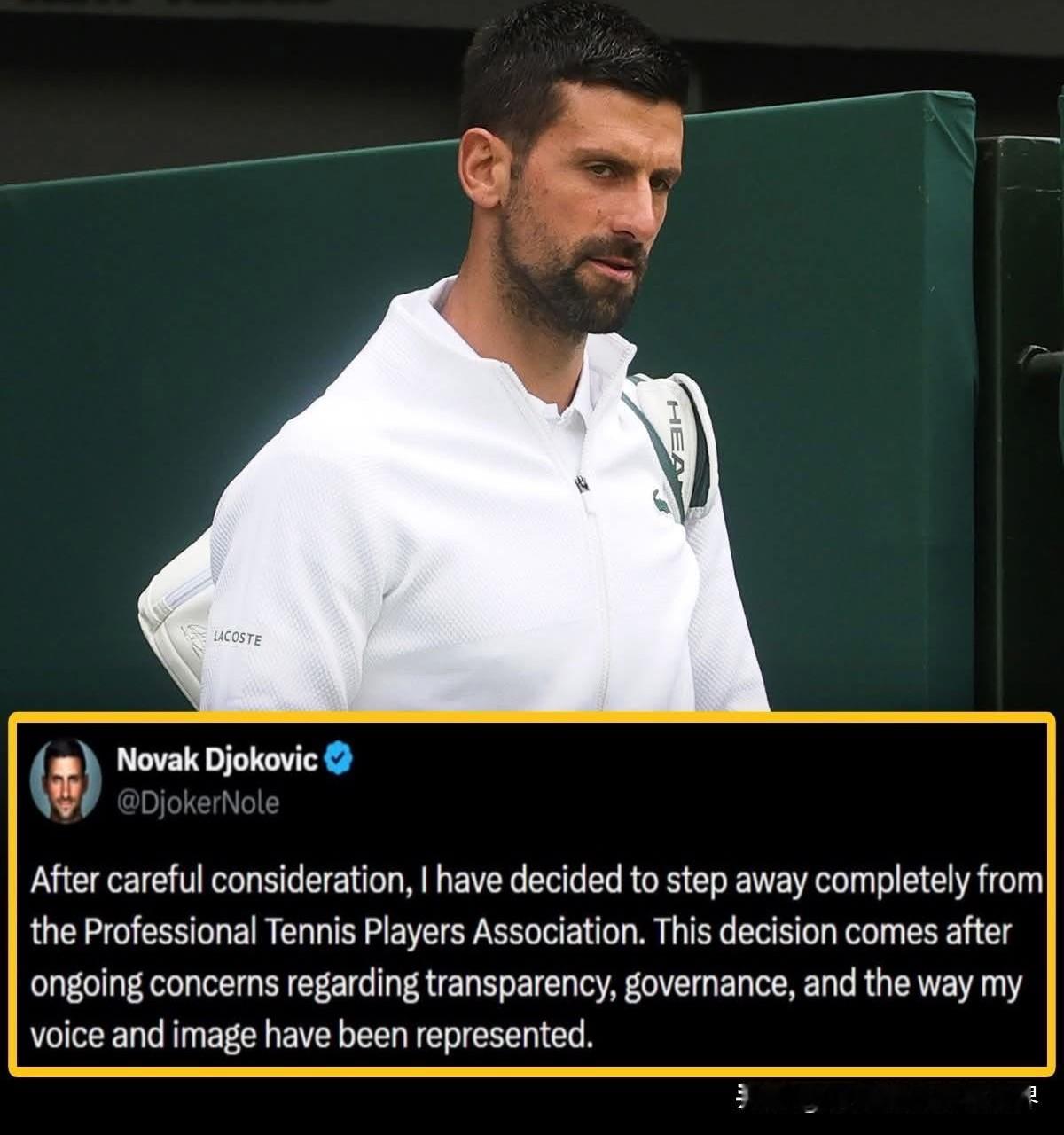 突然宣布，德约科维奇退出职业网球运动员协会！德约科维奇在社交媒体上表示：“经
