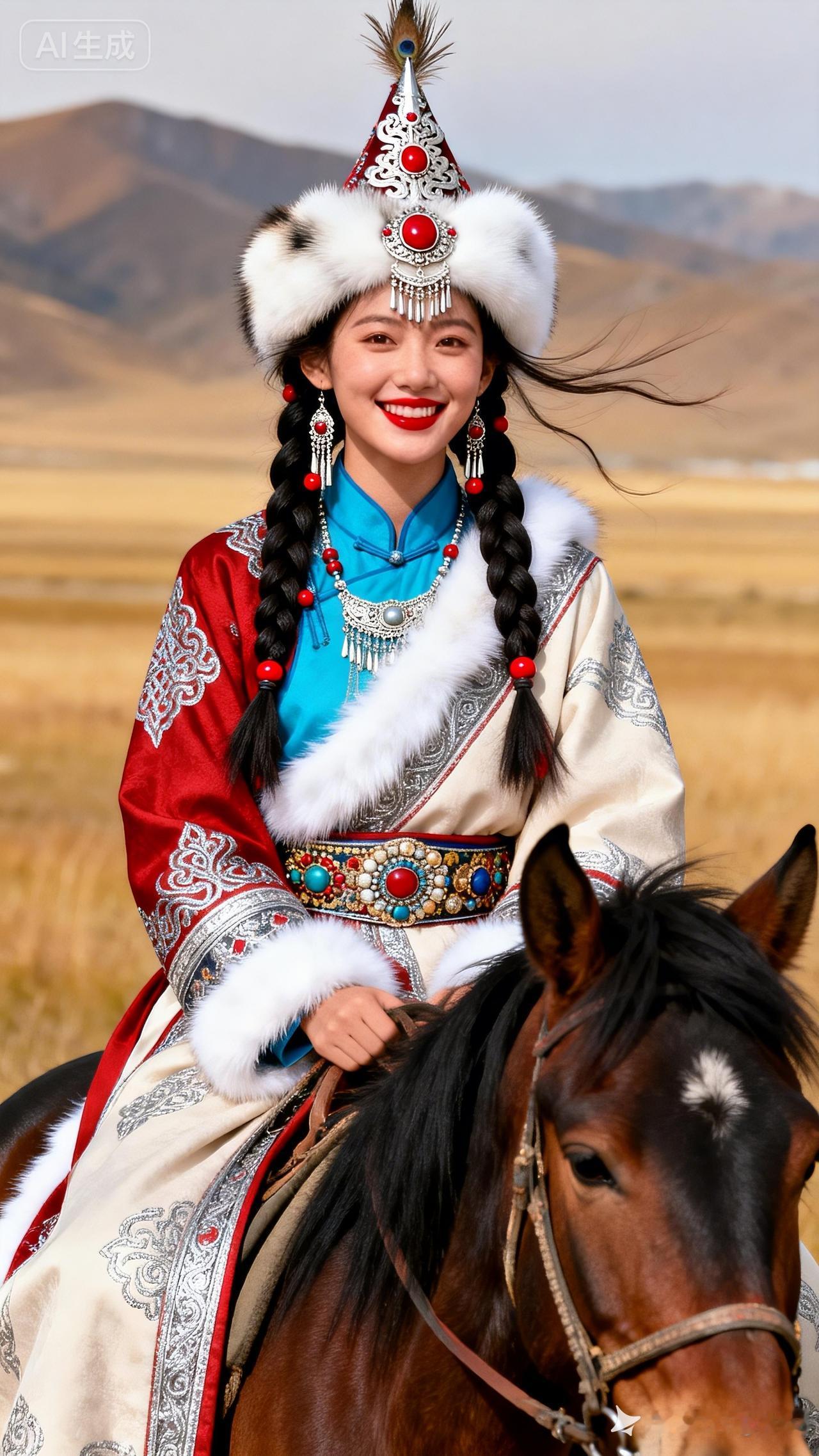 草原上的美丽姑娘，骑马驰骋，尽显民族风情！🌾🐴👗